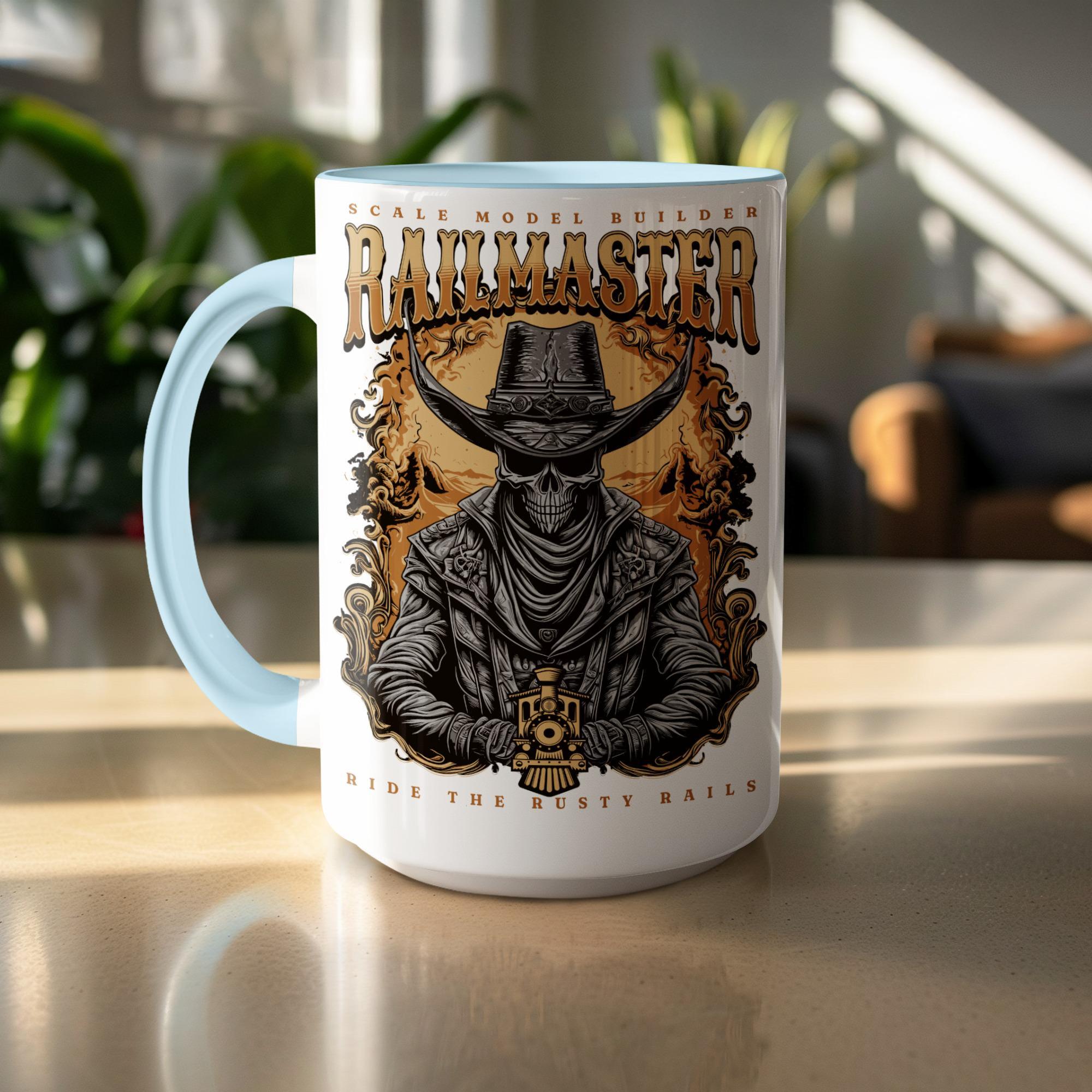 Railmaster Mug, Cowboy Skull Mug, Scale Model Builder Mug, Train Lover Gift, Unique Mug Design, Ride The Rusty Rails, Skeleton Cowboy