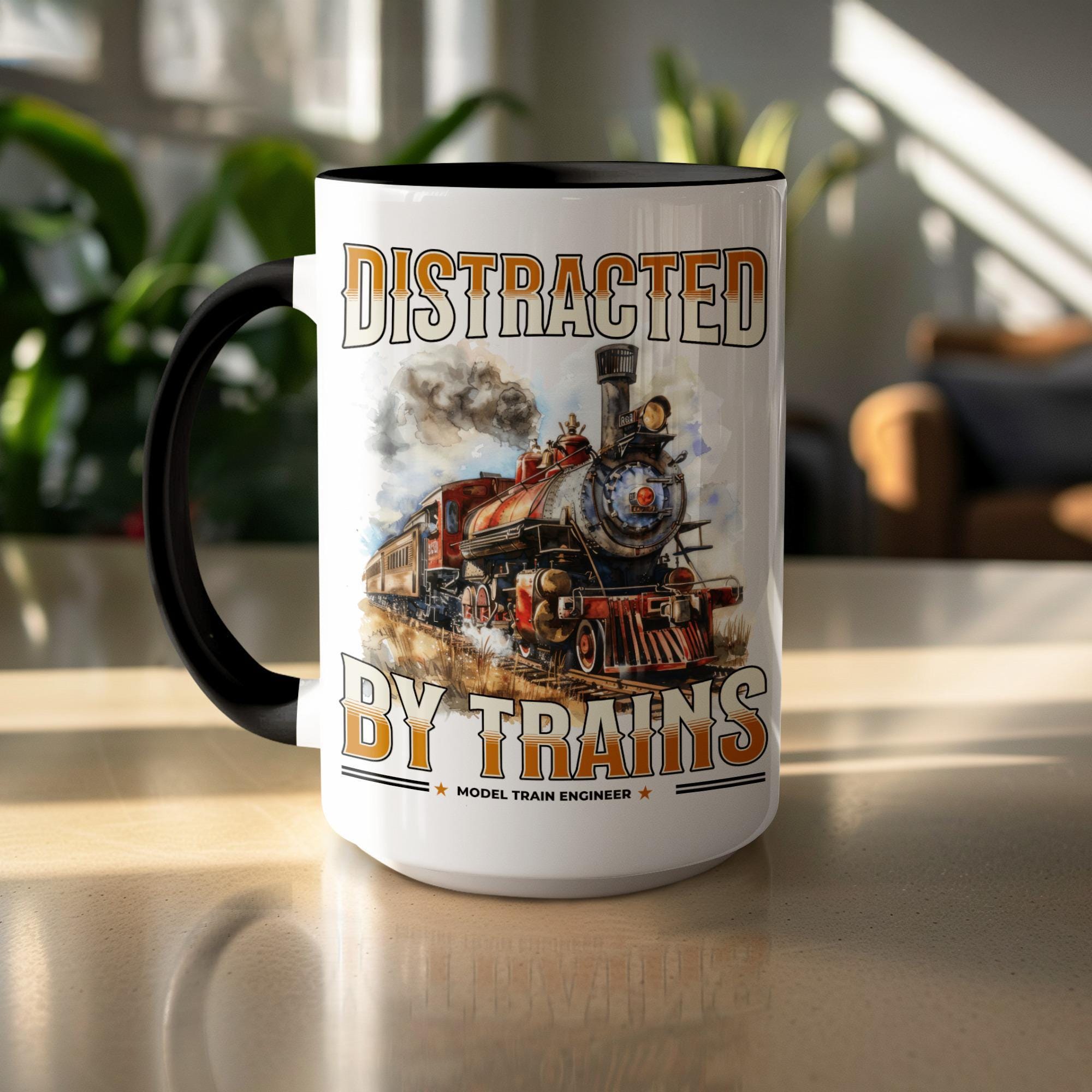 Distracted by Trains Mug, Train Lover Gift, Model Train Engineer Present, Train Enthusiast Mug, Locomotive Mug, Train Gift Idea
