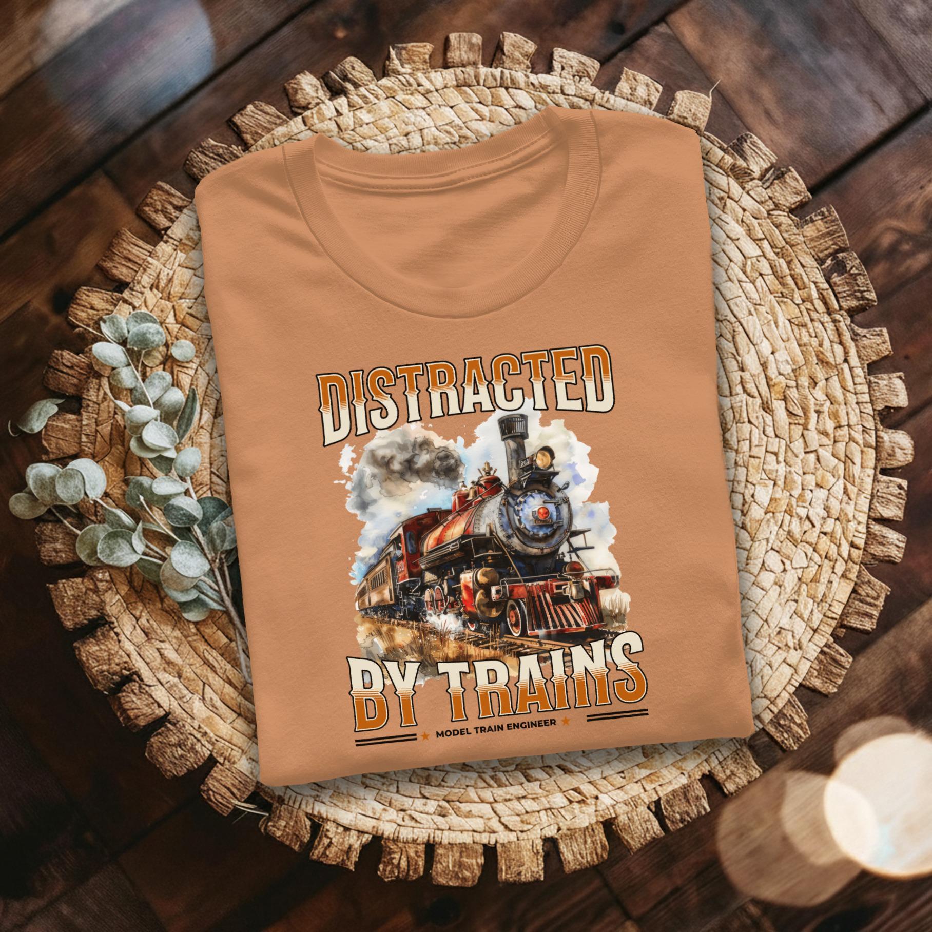 Distracted By Trains T Shirt, Model Train Engineer Tee, Train Lover Gift, Locomotive Shirt, Vintage Steam Train Tee, Railroad Fan T Shirt