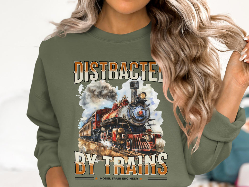 Distracted By Trains T Shirt, Model Train Engineer Tee, Train Lover Gift, Locomotive Shirt, Vintage Steam Train Tee, Railroad Fan T Shirt