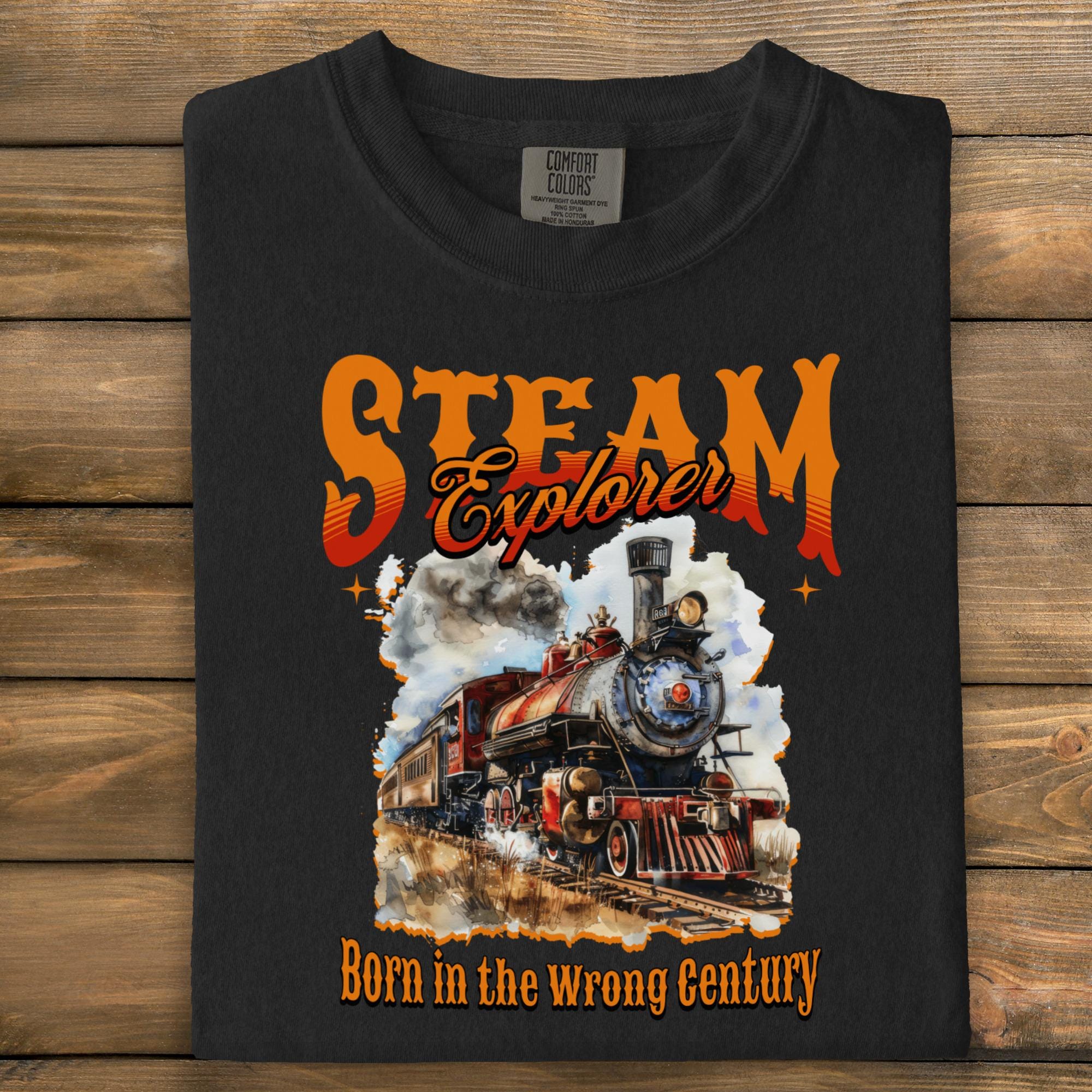 Steam Explorer Born in the Wrong Century Vintage Train Graphic Tee, Retro Locomotive Art Shirt, Classic Railway Enthusiast Gift