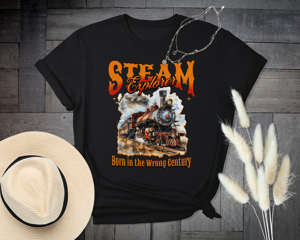 Steam Explorer T-Shirt, Born in the Wrong Century Shirt, Vintage Train Graphic Tee, Retro Locomotive Engine Design