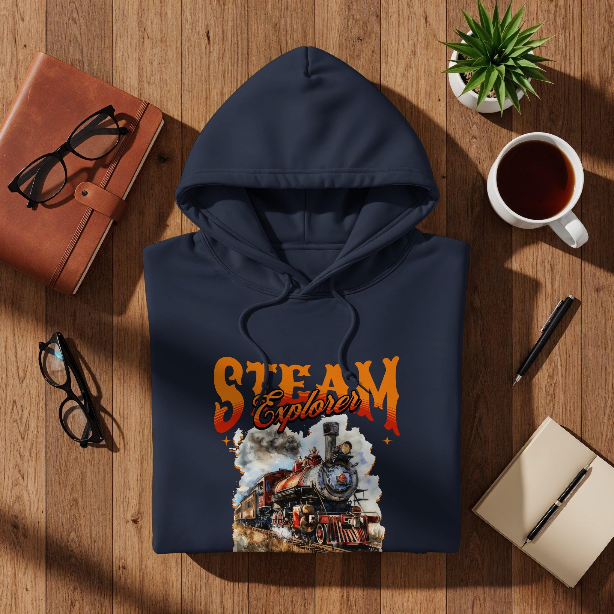 Steam Explorer Hoodie, Train Enthusiast Gift, Locomotive Graphic Sweatshirt, Unique Train Lovers Pullover, Retro Train Hoodie