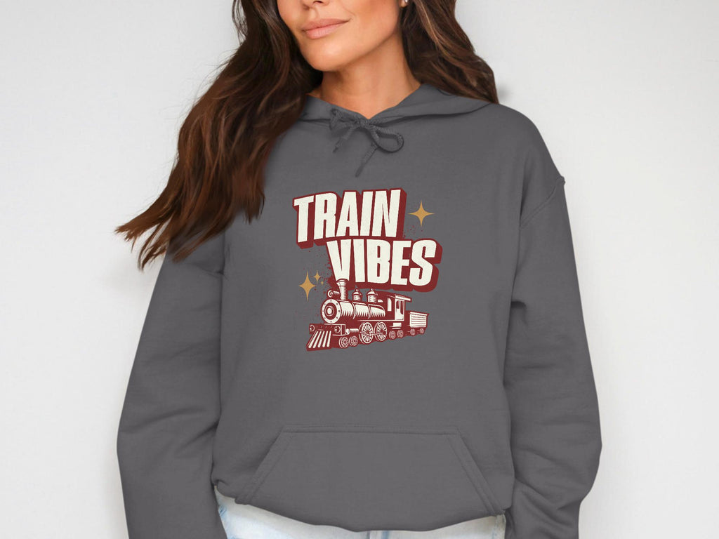 Train Vibes Hoodie, Retro Train Graphic Sweatshirt, Vintage Train Lover Gift, Comfortable Casual Wear, Trendy Graphic Pullover