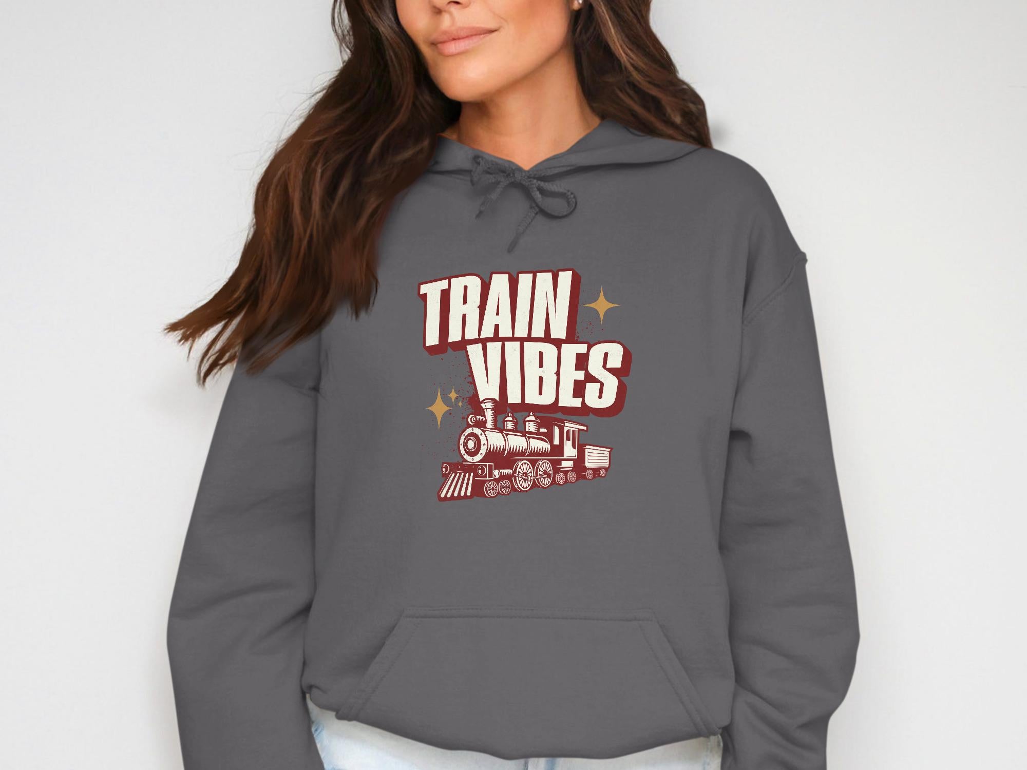 Train Vibes Hoodie, Retro Train Graphic Sweatshirt, Vintage Train Lover Gift, Comfortable Casual Wear, Trendy Graphic Pullover