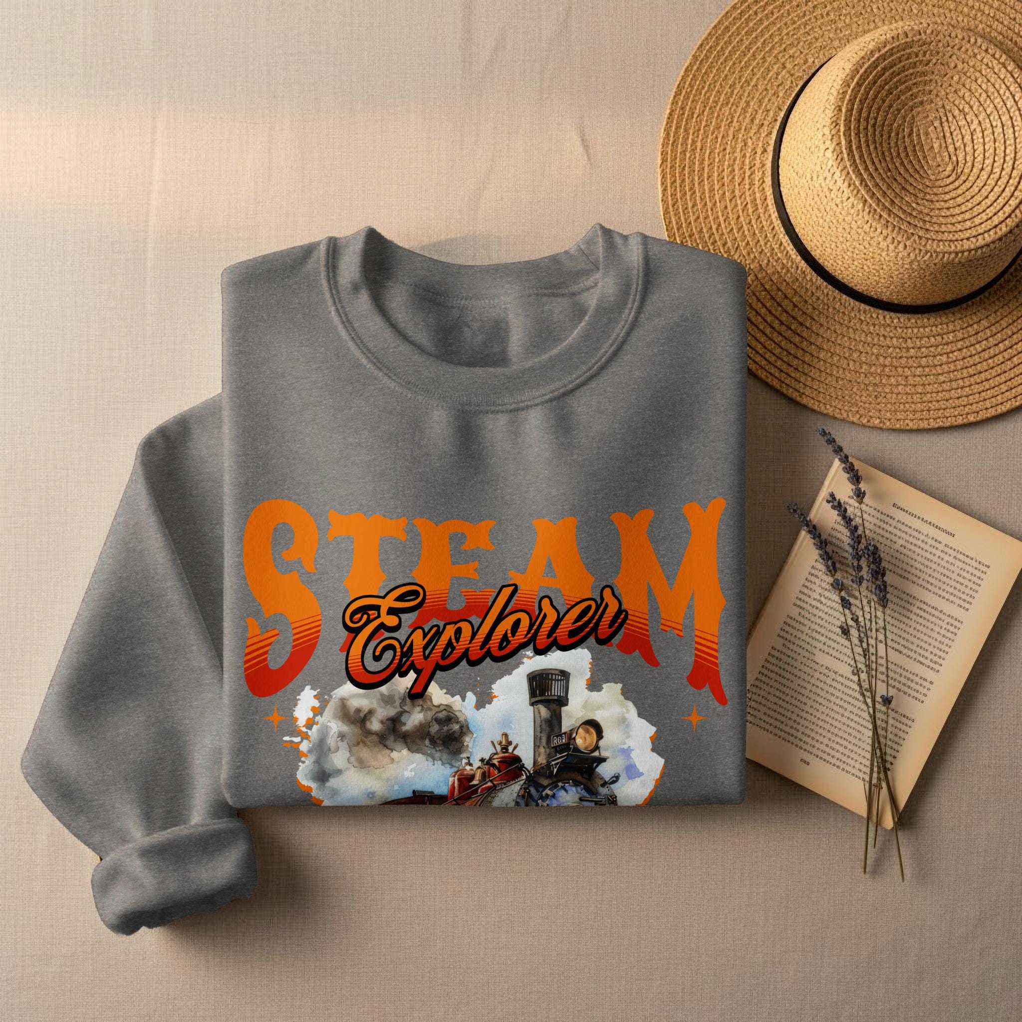 Steam Explorer Graphic Sweatshirt, Train Enthusiast Shirt, Vintage Steam Train Crewneck, Railway Fan Apparel, Locomotive Lovers Gift