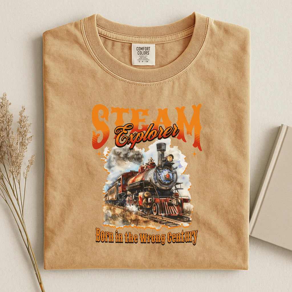 Steam Explorer T-Shirt, Born in the Wrong Century Tee, Vintage Train Graphic Shirt, Retro Locomotive Design Top, Unisex Casual Wear