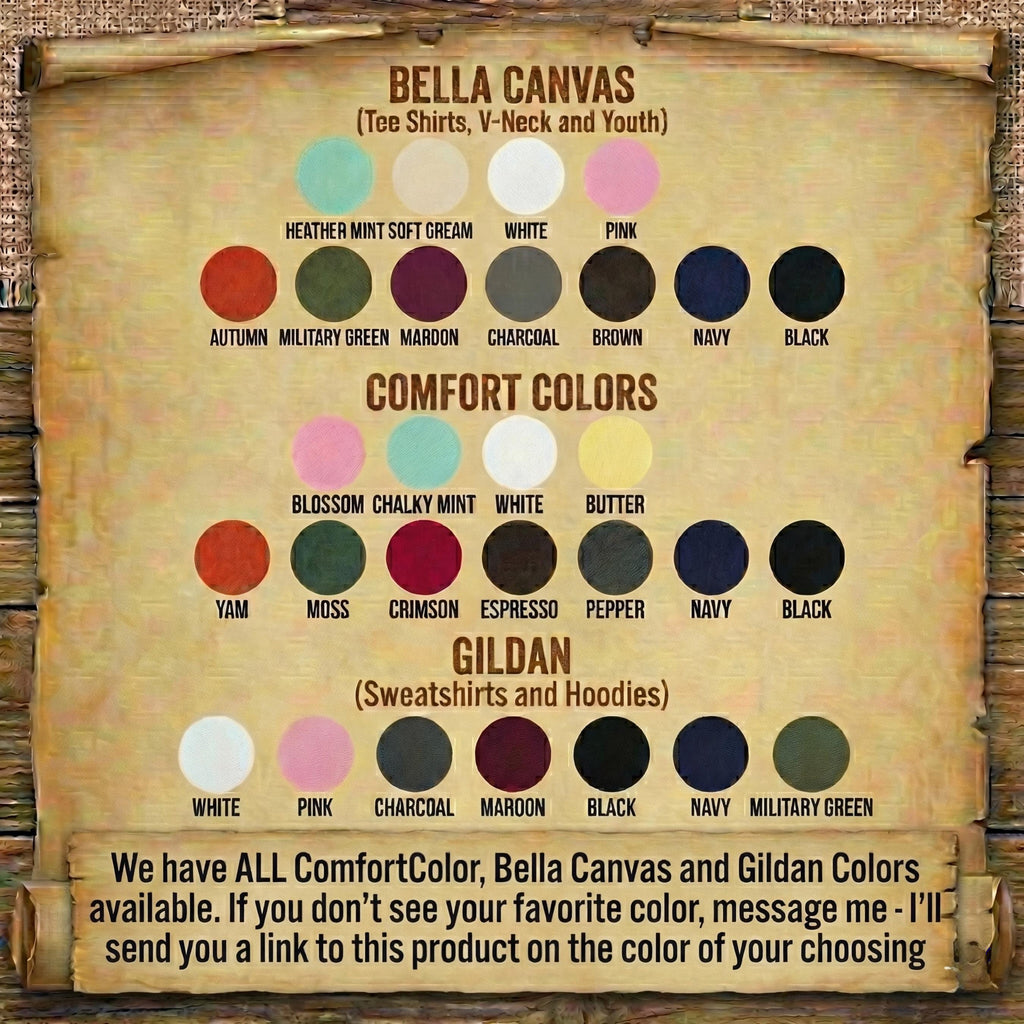 The image is a poster displaying a variety of colors available for purchase, including Bella Canvas and Gildan colors.