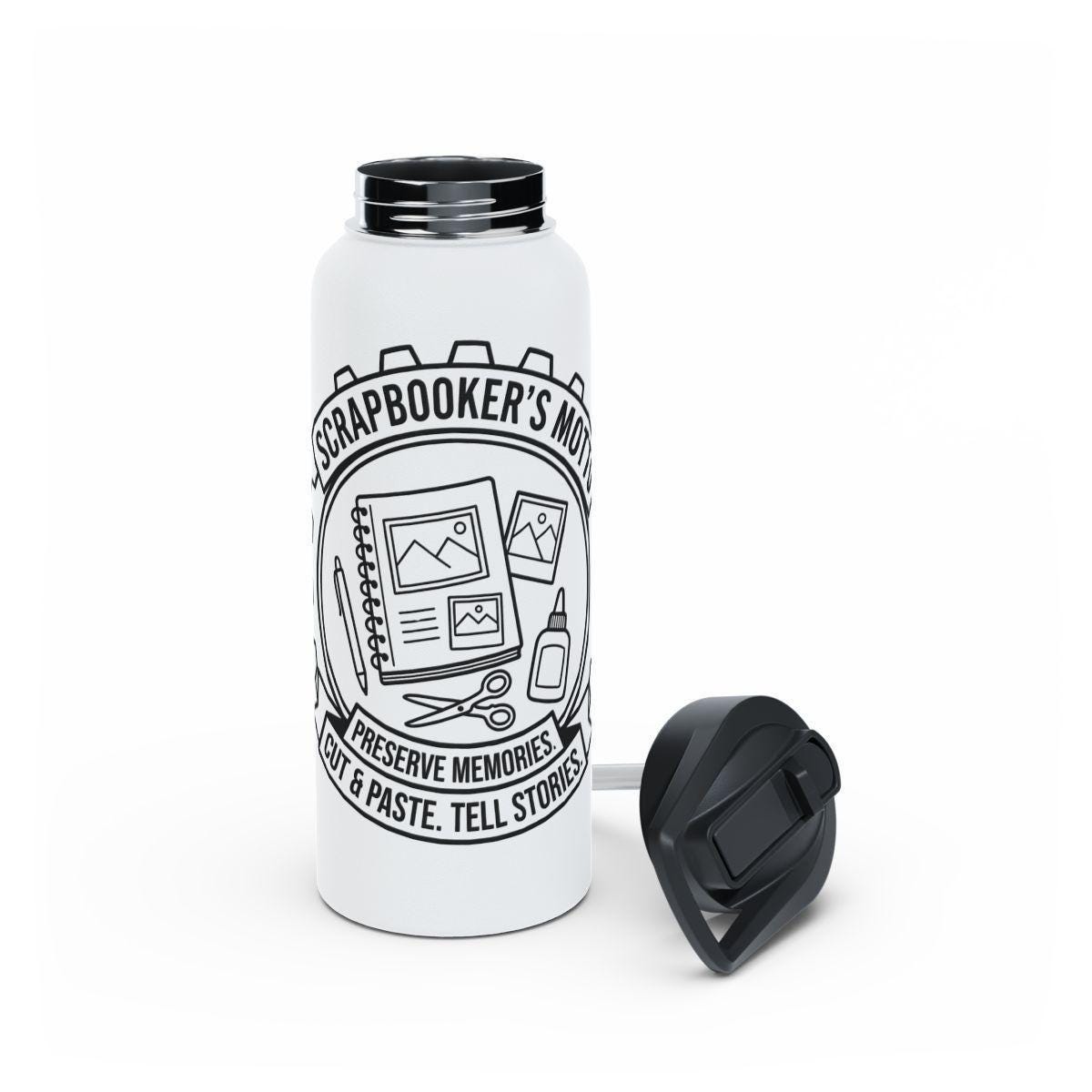 Scrapbooker’s Motto Water Bottle, Scrapbook Lover Gift, Crafting Enthusiast, Cut and Paste Memories, Tell Stories Stainless Bottle