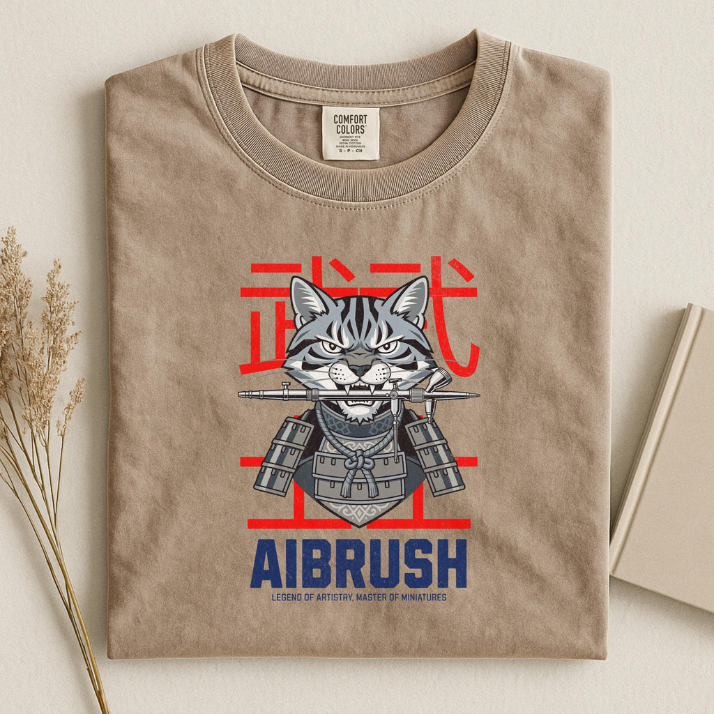 Cat Samurai Graphic Tee, Unique Airbrush Art Shirt, Cool Novelty T-Shirt, Fun Animal Design Top, Casual Wear, Unisex Clothing