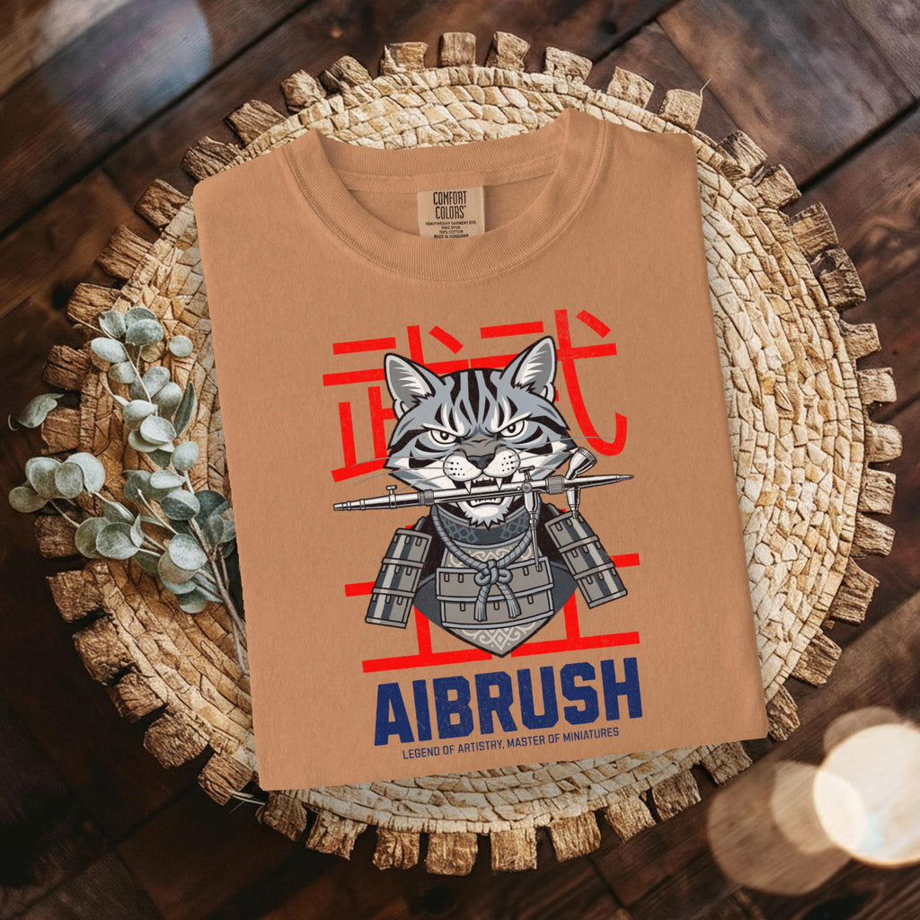 Airbrush Cat Warrior T-Shirt, Artistic Feline Design Tee, Unique Animal Graphic Shirt, Cool Cat Art Clothing, Gift for Cat Lovers