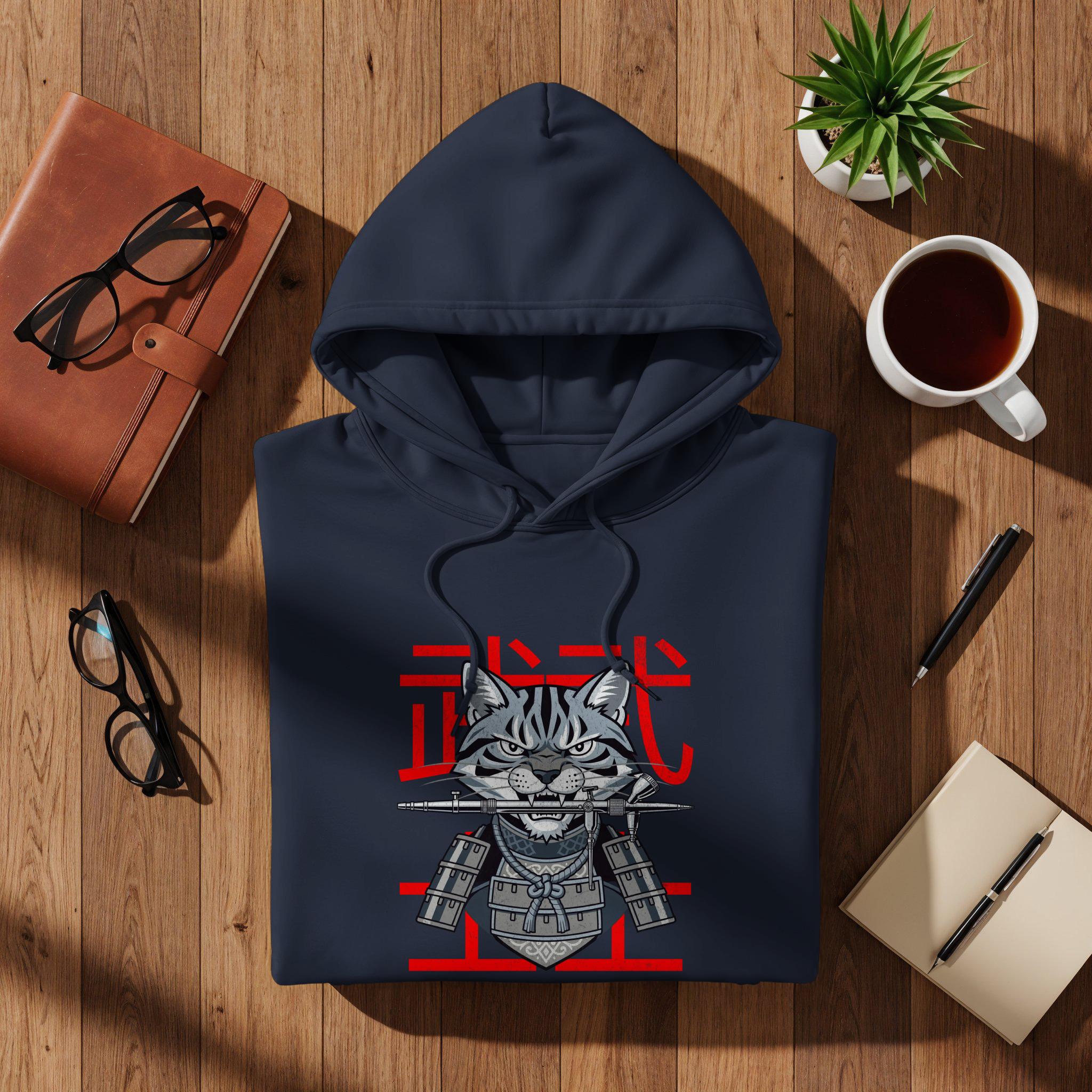 Samurai Cat Hoodie, Unique Cat Lover Gift, Cool Cat Sweatshirt, Fun Graphic Hoodie for Him Her, Japanese Art Inspired Clothing