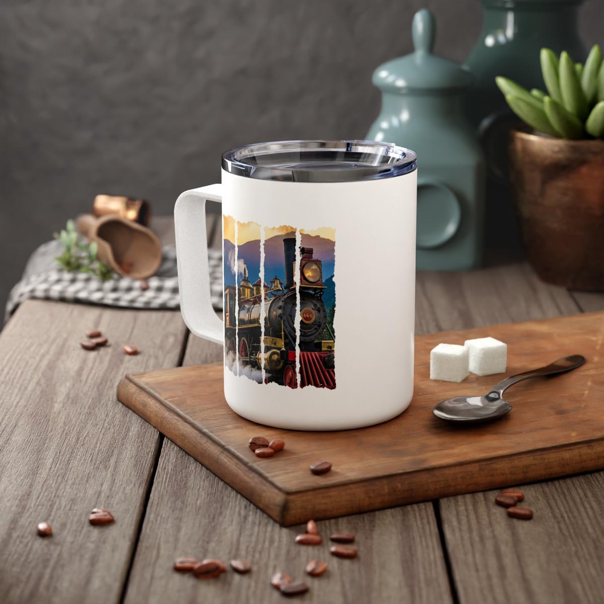 Retro Train Mug, Vintage Locomotive Coffee Cup, Travel Mug with Lid, Steam Engine Design, Train Lover Gift, Railroad Enthusiast Cup