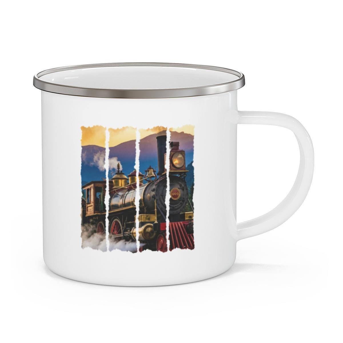 Vintage Steam Train Mug, Retro Locomotive Enamel Coffee Cup, Railway Enthusiast Gift, Unique Train Lover Drinkware, Rustic Train Art Mug