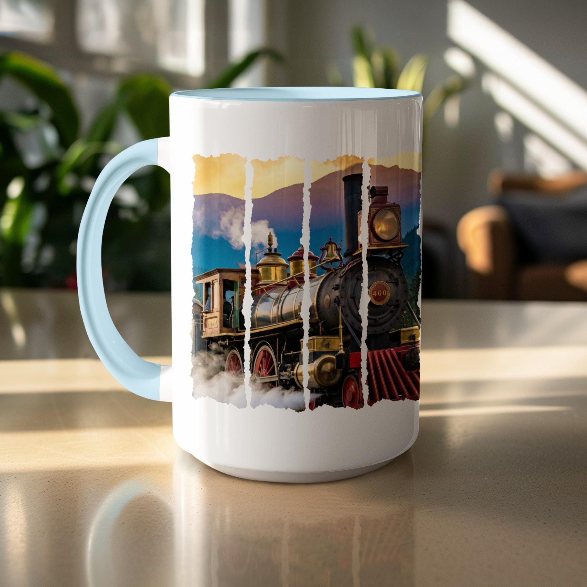 Vintage steam train art coffee mug, Ceramic tea cup with old locomotive print, Classic railway gift for train enthusiasts