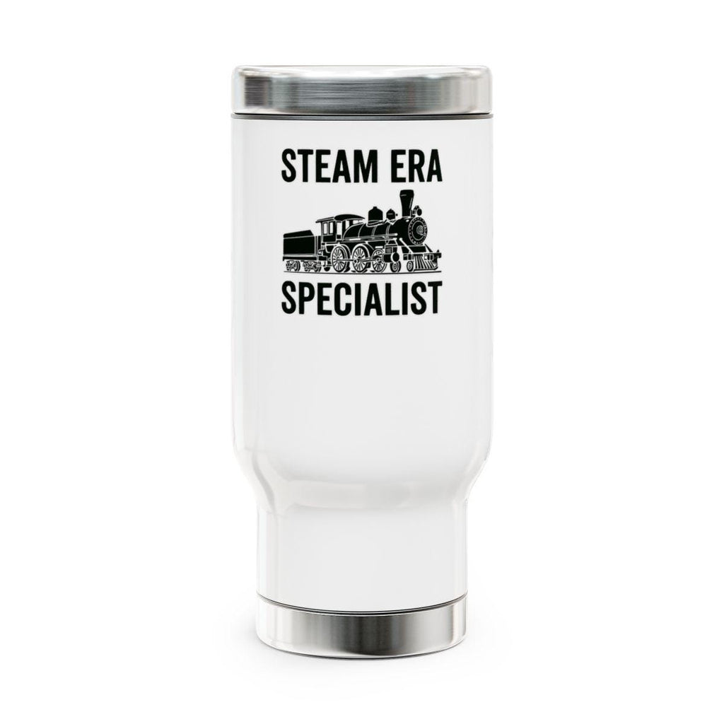 Steam Era Specialist Travel Mug, Vintage Train Design Coffee Tumbler, Steam Engine Enthusiast Gift, Train Lover Present
