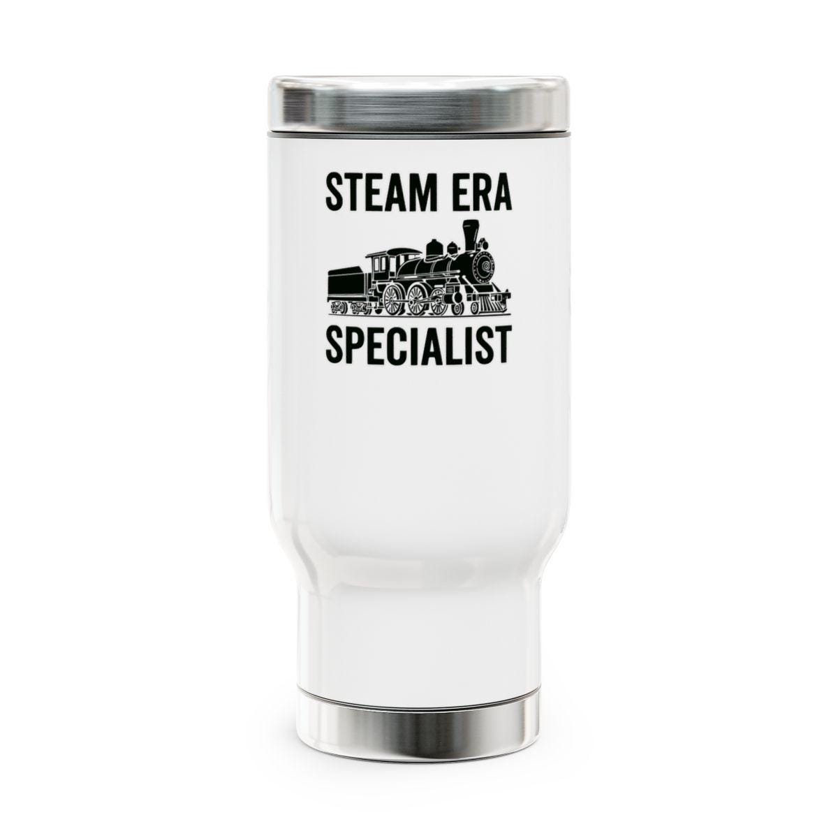 Steam Era Specialist Travel Mug, Vintage Train Design Coffee Tumbler, Steam Engine Enthusiast Gift, Train Lover Present