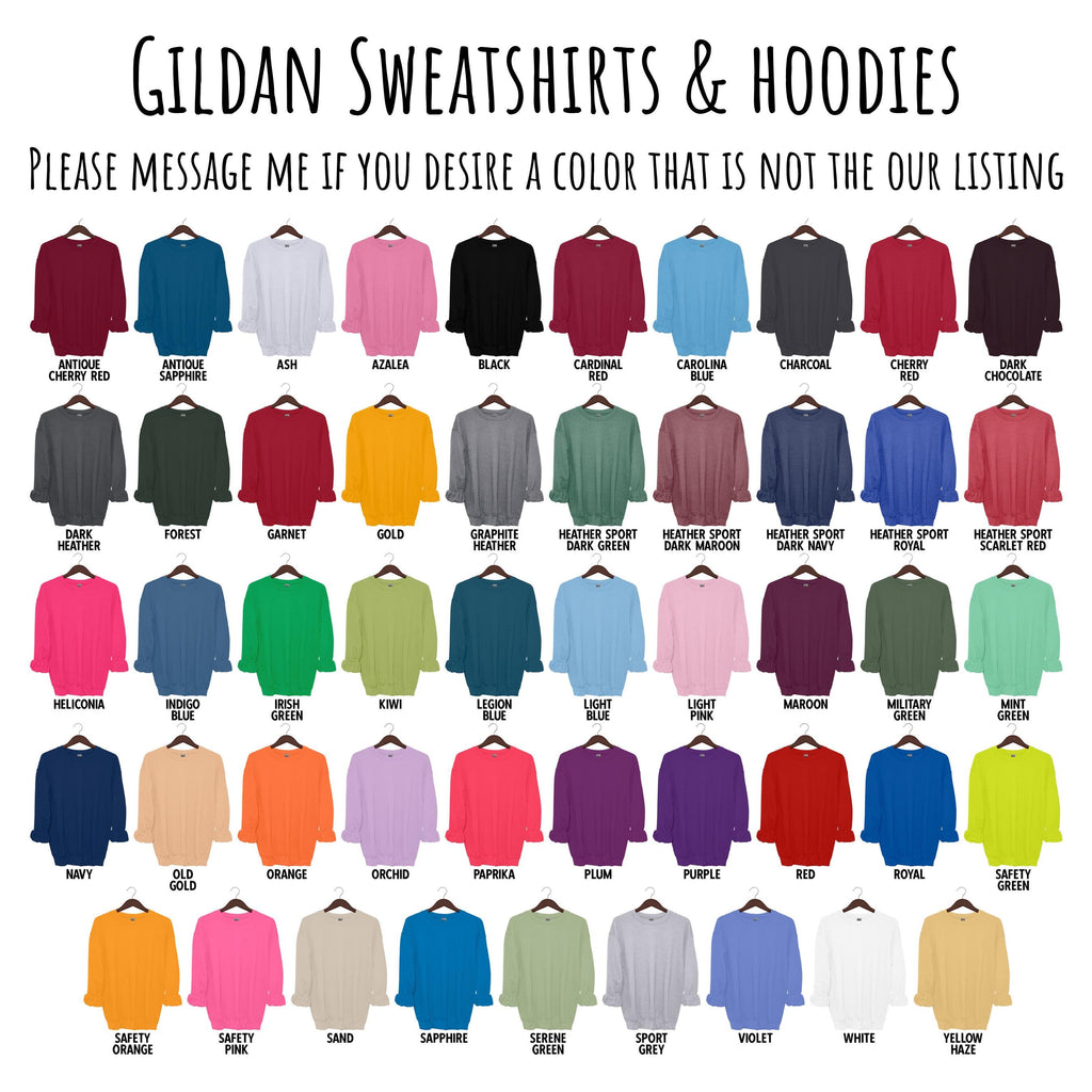 a collection of colorful Gildan sweatshirts and hoodies, each with a unique color and design. The sweatshirts and hoodies are arranged in a grid format, with each row representing a different color and each column representing a different type of sweatshirt or hoodie. The image does not contain any text, and the colors and designs are described in detail, but the image does not contain any text.