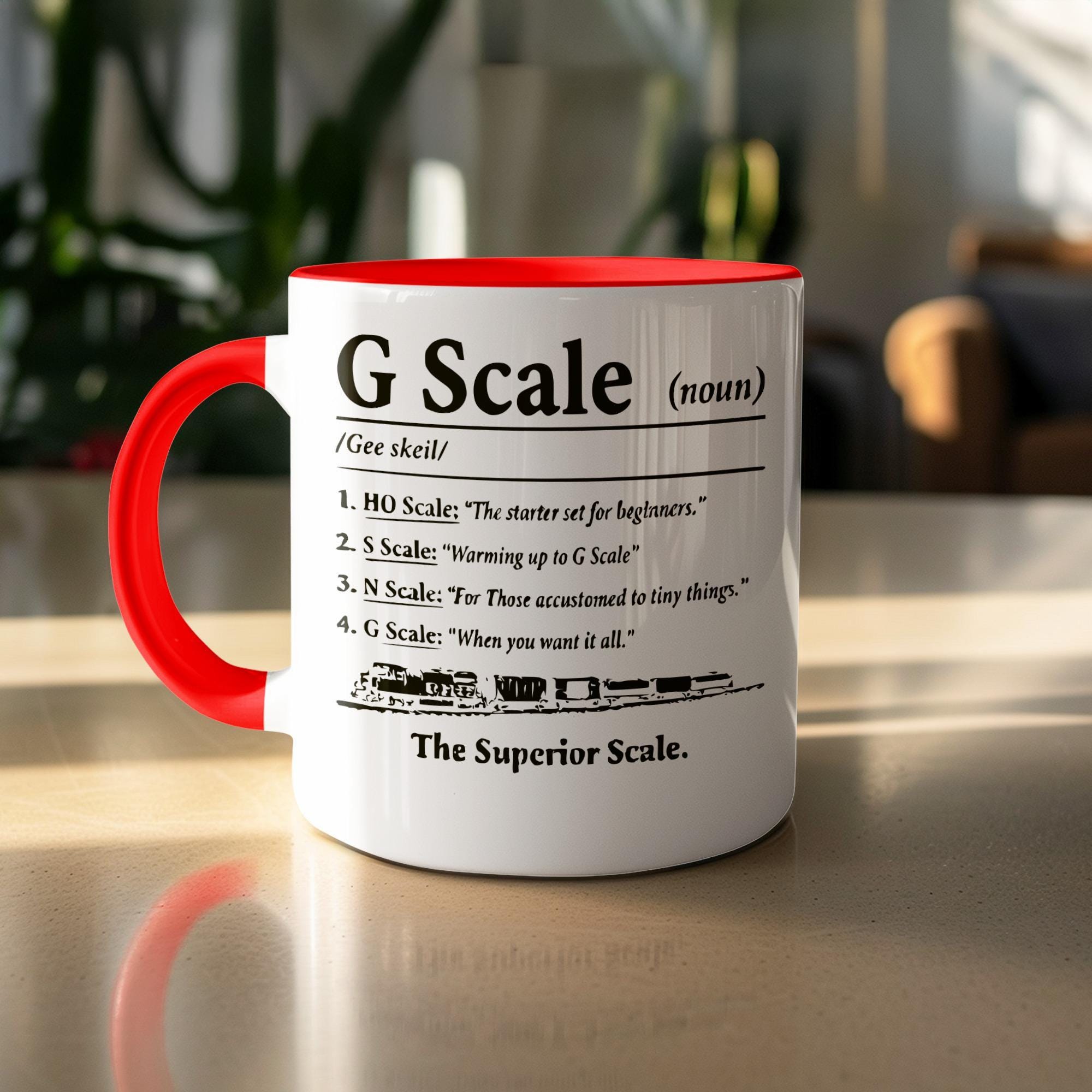 Train Lover Gift Mug, G Scale Definition Coffee Mug, Funny Train Scale Collector Cup, Unique Train Enthusiast Present, Red Handle Mug