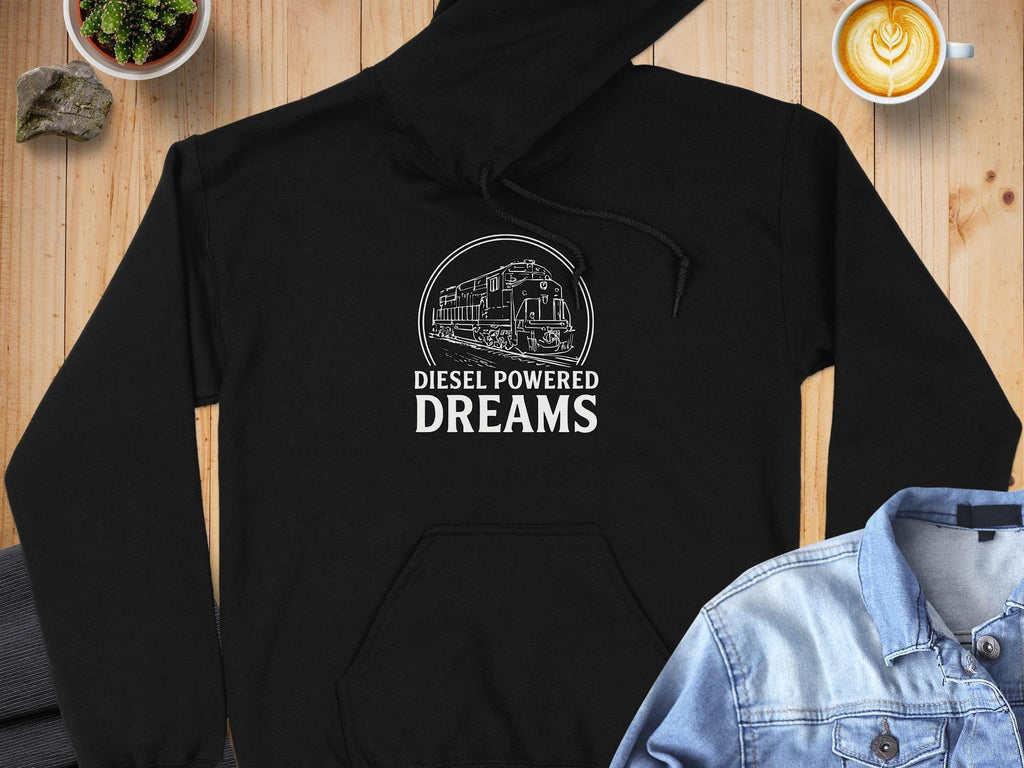 Diesel Powered Dreams Hoodie, Train Lovers Gift, Railway Enthusiast, Cozy Black Sweatshirt, Unique Train Apparel, Engine Print