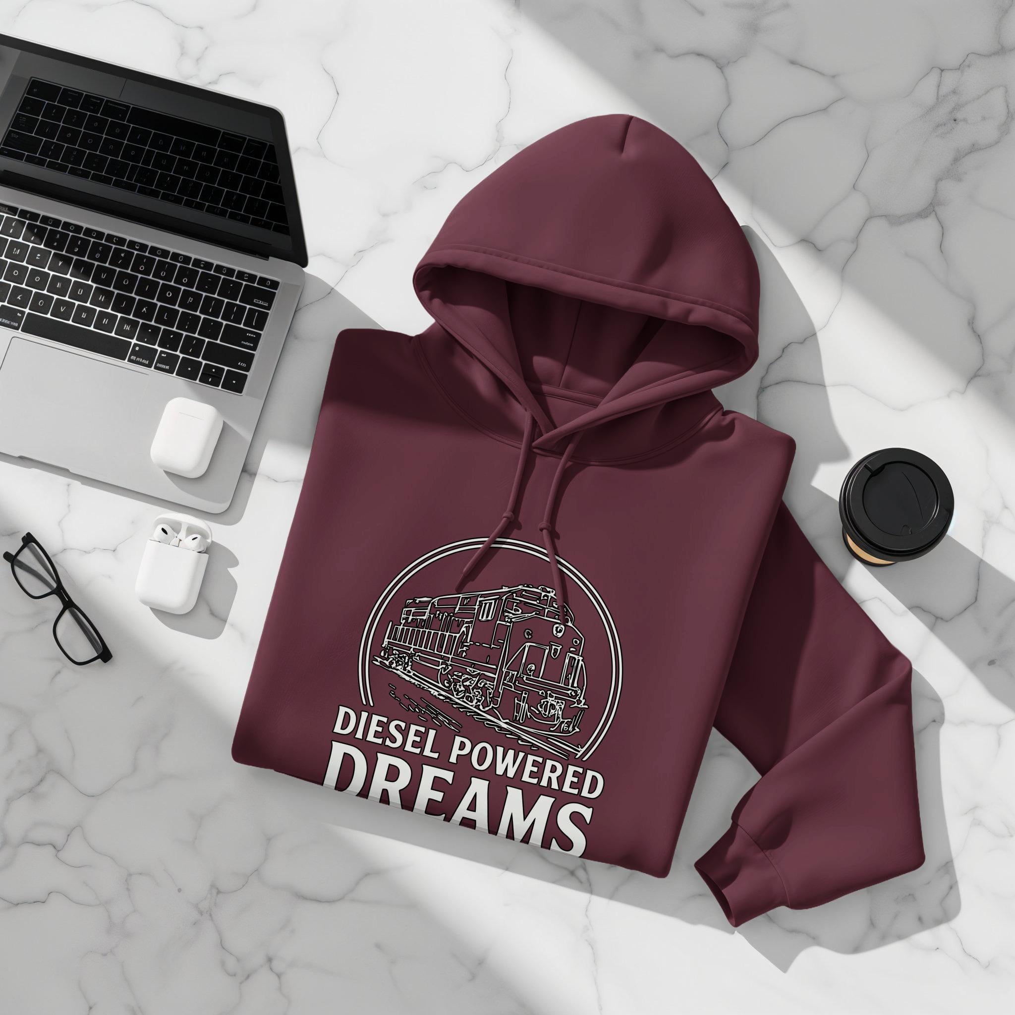 Diesel Powered Dreams Hoodie, Train Enthusiast Gift, Railway Lover Apparel, Locomotive Design Sweatshirt, Unique Train Gift Idea