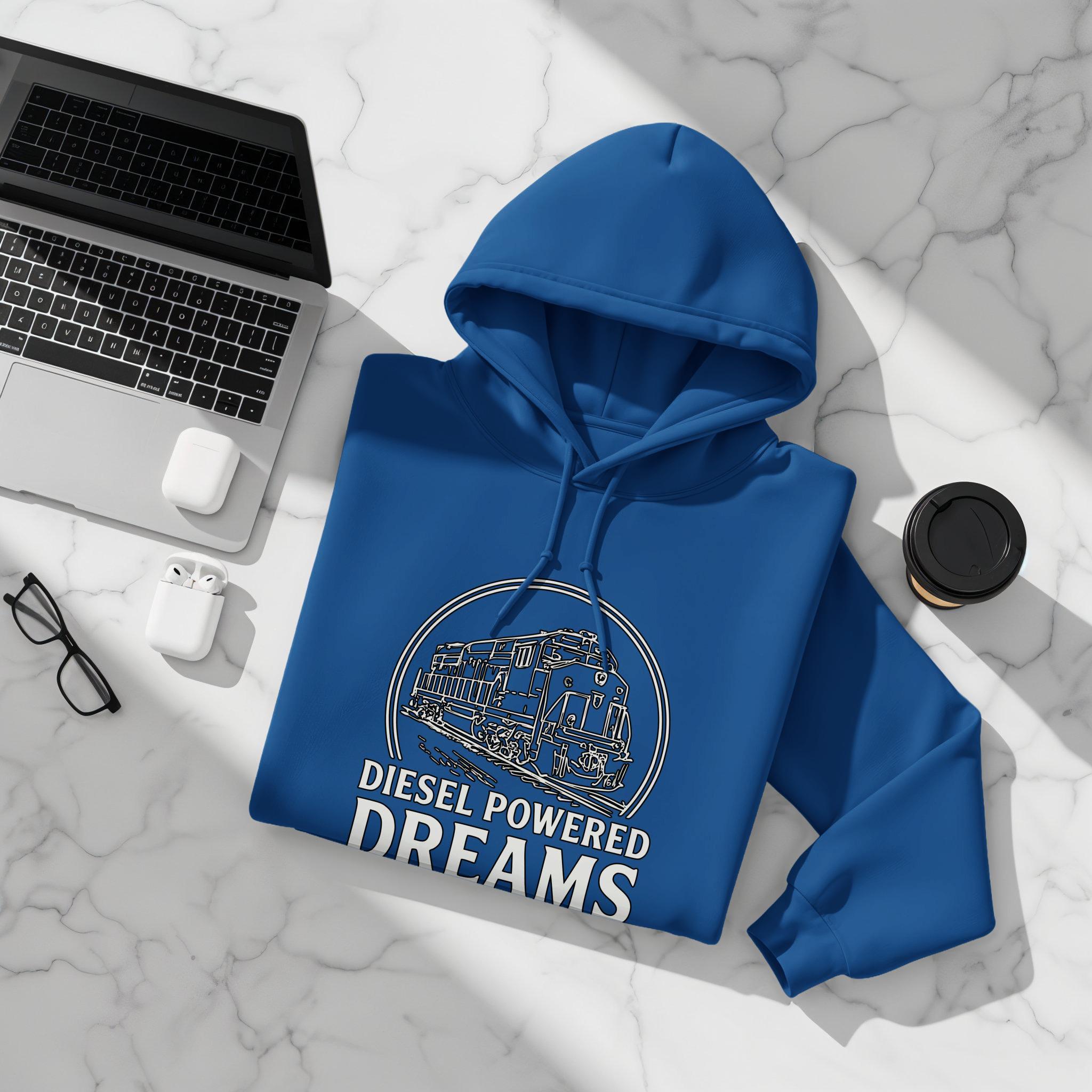 Diesel Powered Dreams Hoodie, Train Lover Gift, Locomotive Sweatshirt, Railway Enthusiast Apparel, Unique Train Graphic Pullover