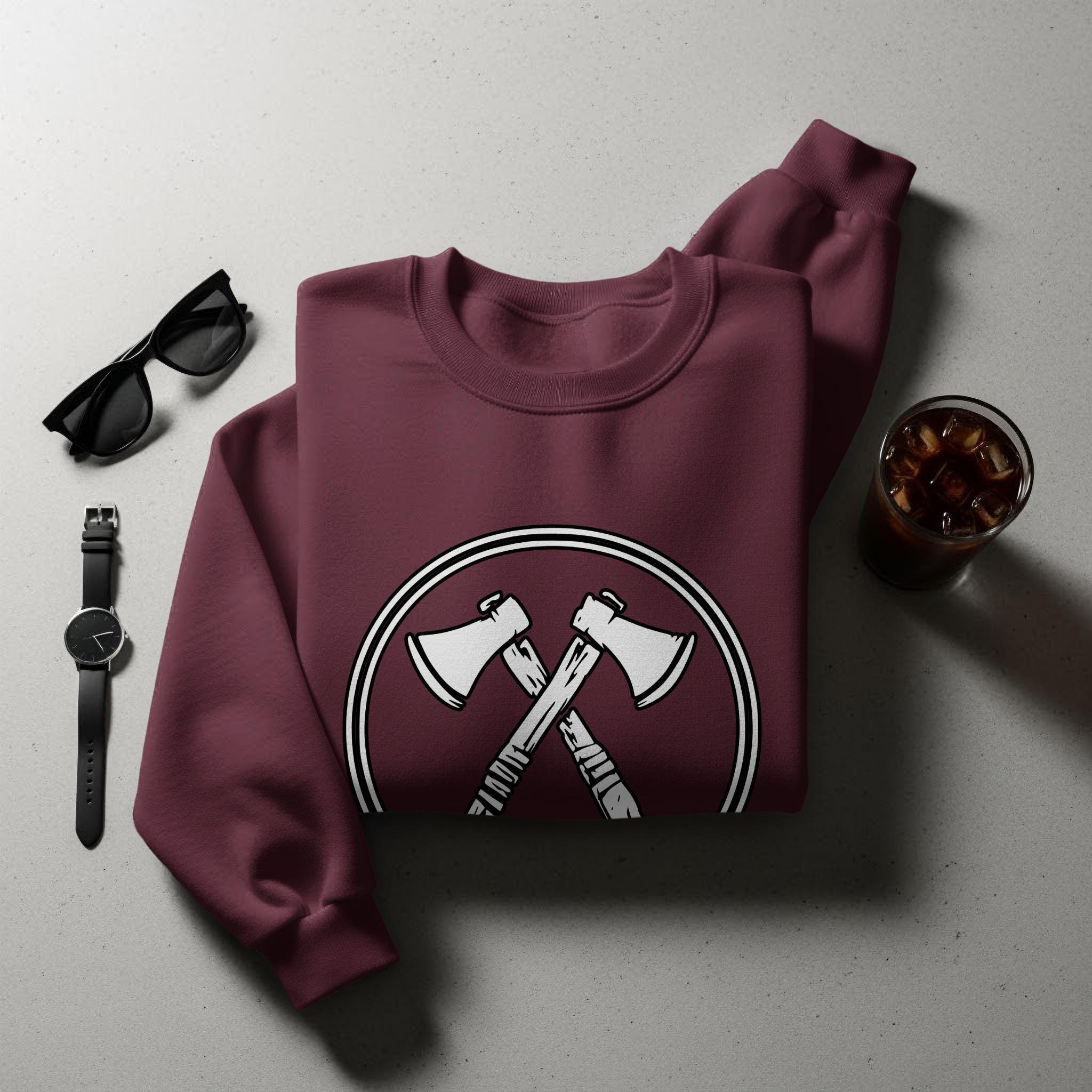 Axe Graphic Maroon Crewneck Sweatshirt, Cozy and Stylish Pullover, Unisex Casual Wear, Comfortable and Trendy Apparel