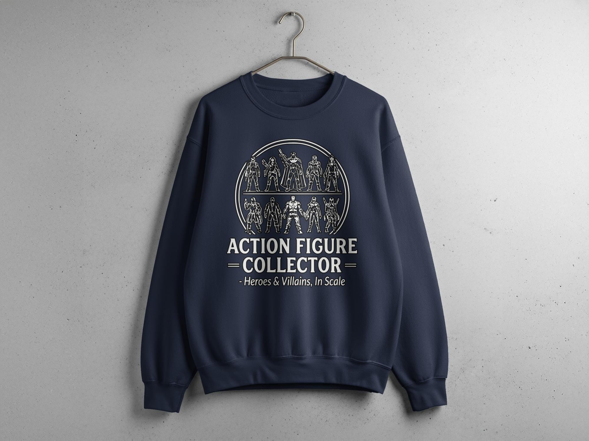 Action Figure Collector Sweatshirt, Heroes and Villains Graphic Shirt, Geeky Pop Culture Apparel, Gift for Collectors