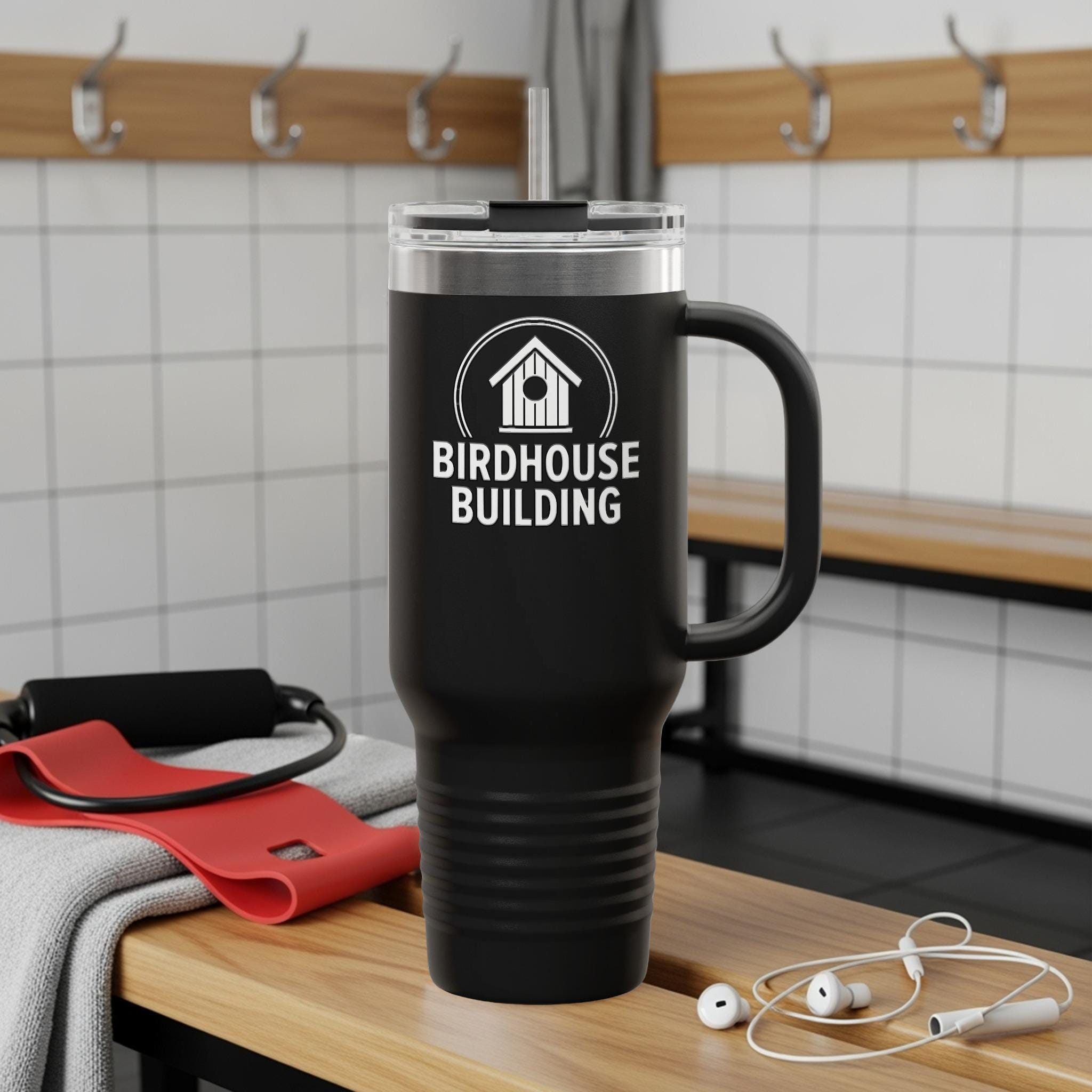 Birdhouse Building Travel Mug, Insulated Coffee Cup with Handle, Vacuum Tumbler for Hot and Cold Drinks, 20 oz Capacity