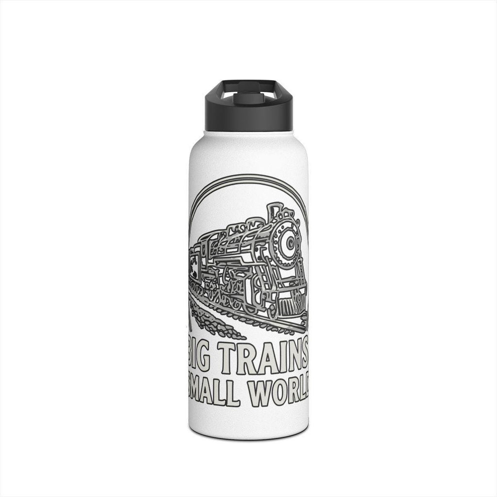 Train Travel Themed Water Bottle, Big Trains Small World Design, Train Lover Gift, Eco Friendly Reusable Bottle, Train Art Flask