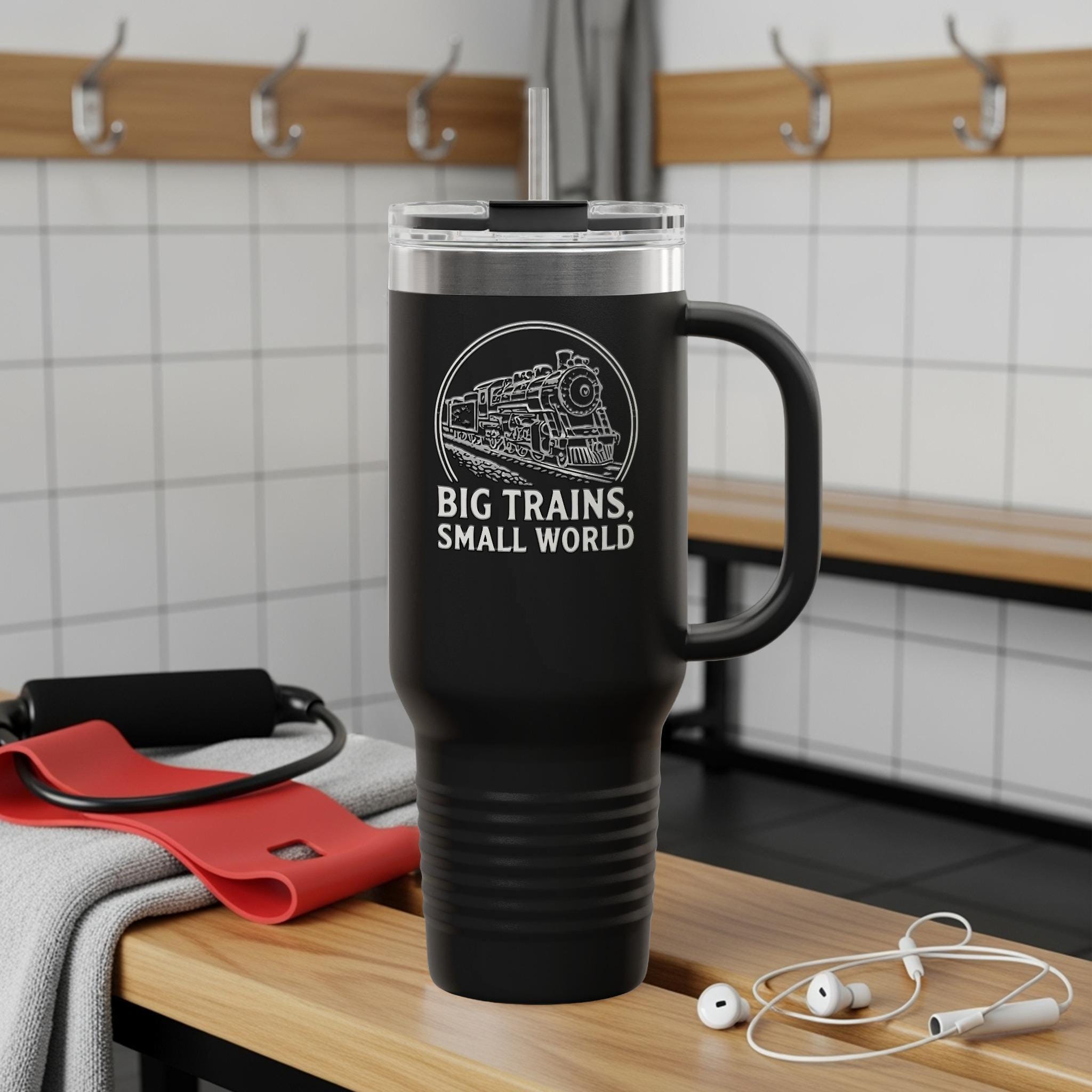 Big Trains Small World Coffee Mug, Travel Mug with Handle, Train Enthusiast Gift, Unique Train Lover Tumbler, Engineer Gift Idea