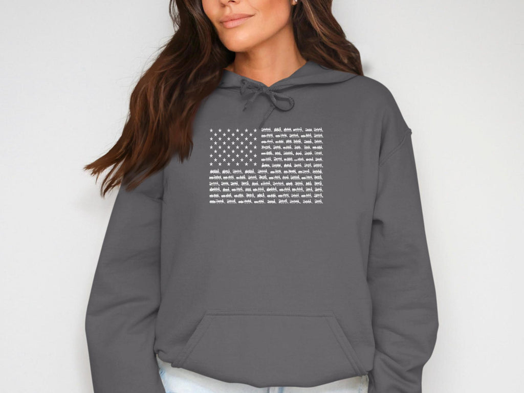 American Flag Hoodie, Patriotic Sweatshirt, USA Pride Hoodie, Gray Casual Hoodie, Stars and Stripes Hoodie, Cozy Winter Wear, Gift for Her