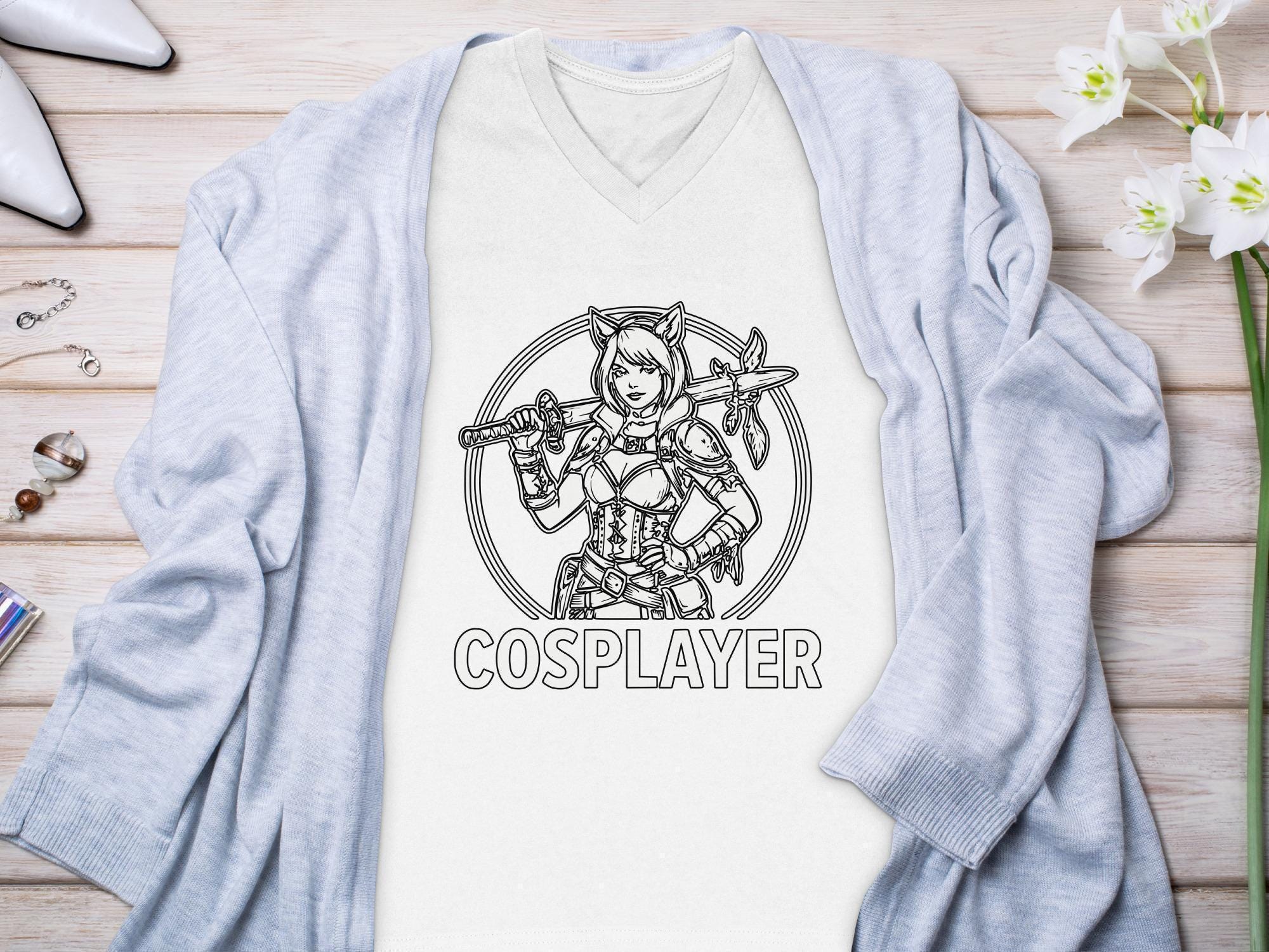 Cosplayer T-Shirt, Anime Girl Tee, Manga Style Top, Sword Design Clothing, Gift for Cosplay Fans