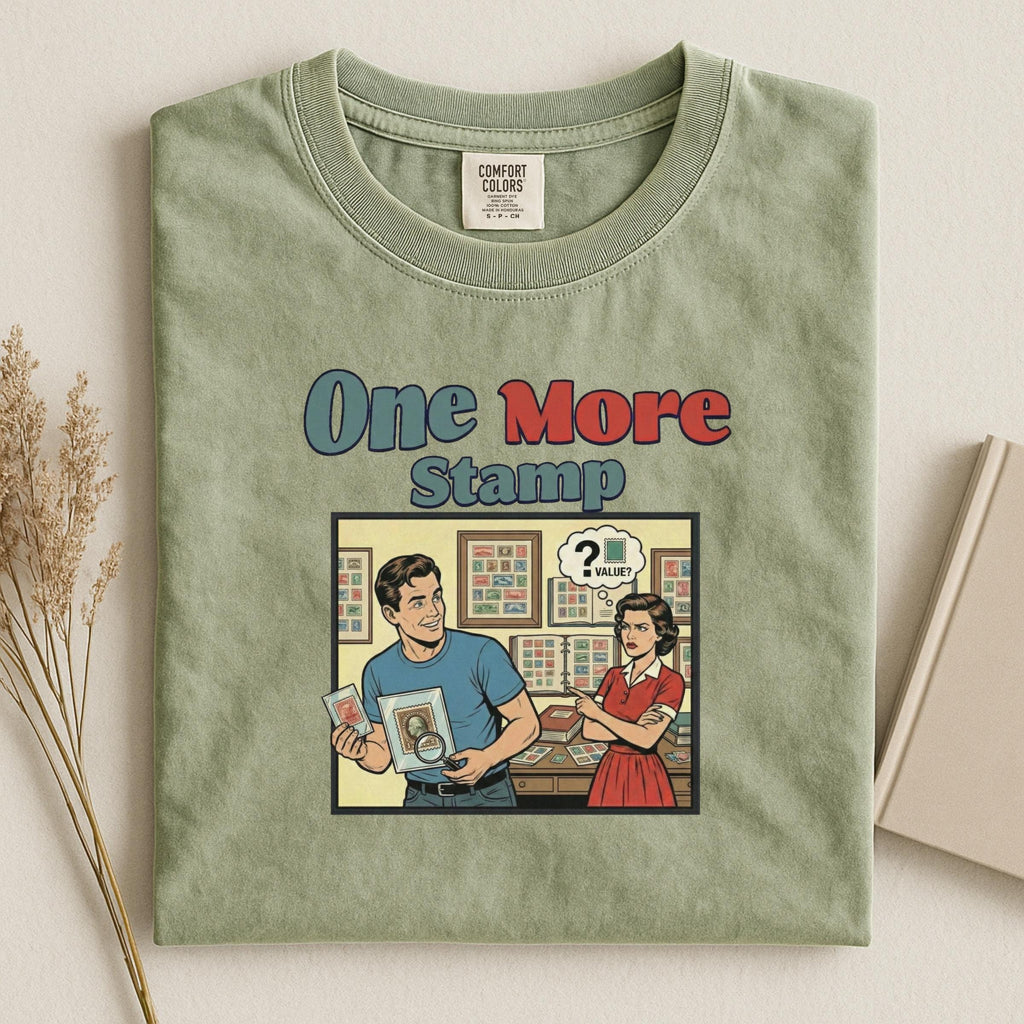 One More Stamp T-Shirt, Funny Stamp Collector Shirt, Philatelist Gift, Vintage Comic Style, Stamp Collecting Humour Tee, Retro Design