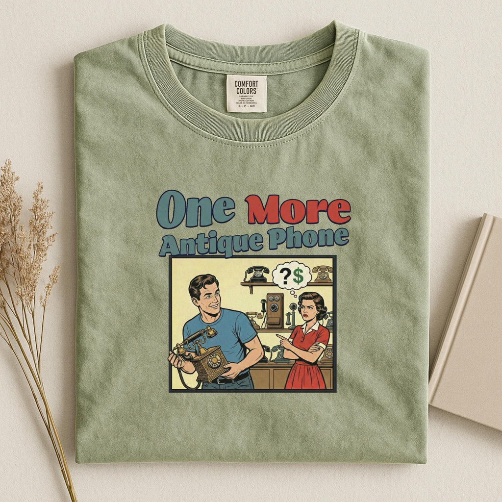 Funny Vintage Style One More Antique Phone Graphic Tee, Retro Comic Art T-Shirt, Unique Graphic Shirt Gift for Collectors