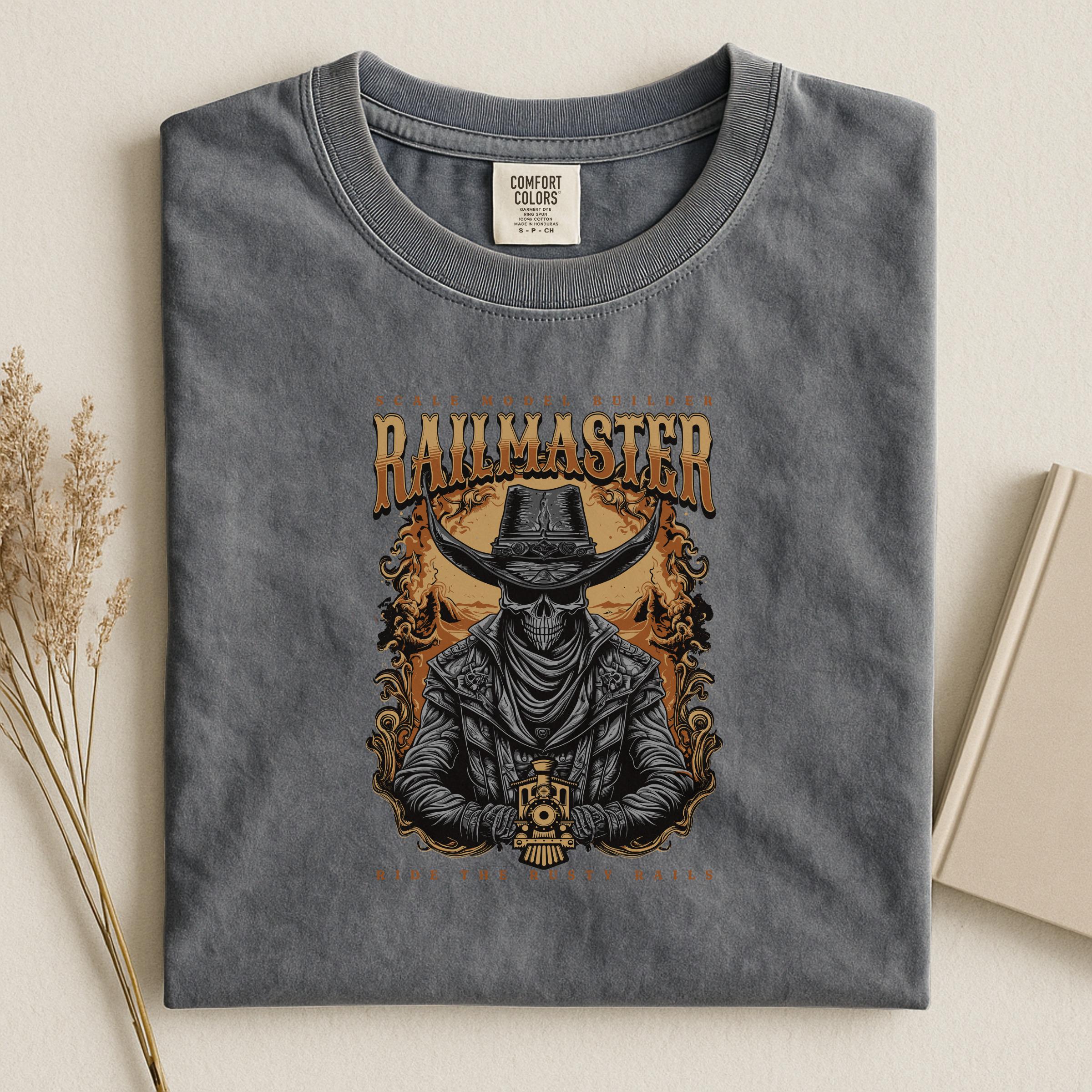 Railmaster T-Shirt, Skull Cowboy Train, Ride the Rusty Rails Tee, Scale Model Builder Shirt, Unique Train Lover Gift, Western Undead T-Shirt