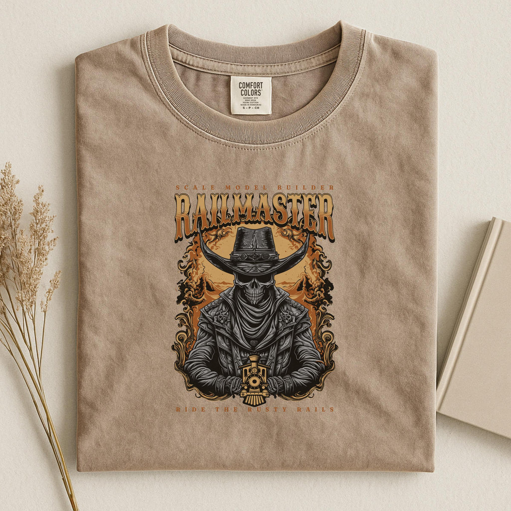 Railmaster T-Shirt, Skull Cowboy Train, Ride the Rusty Rails Tee, Scale Model Builder Shirt, Unique Train Lover Gift, Western Undead T-Shirt