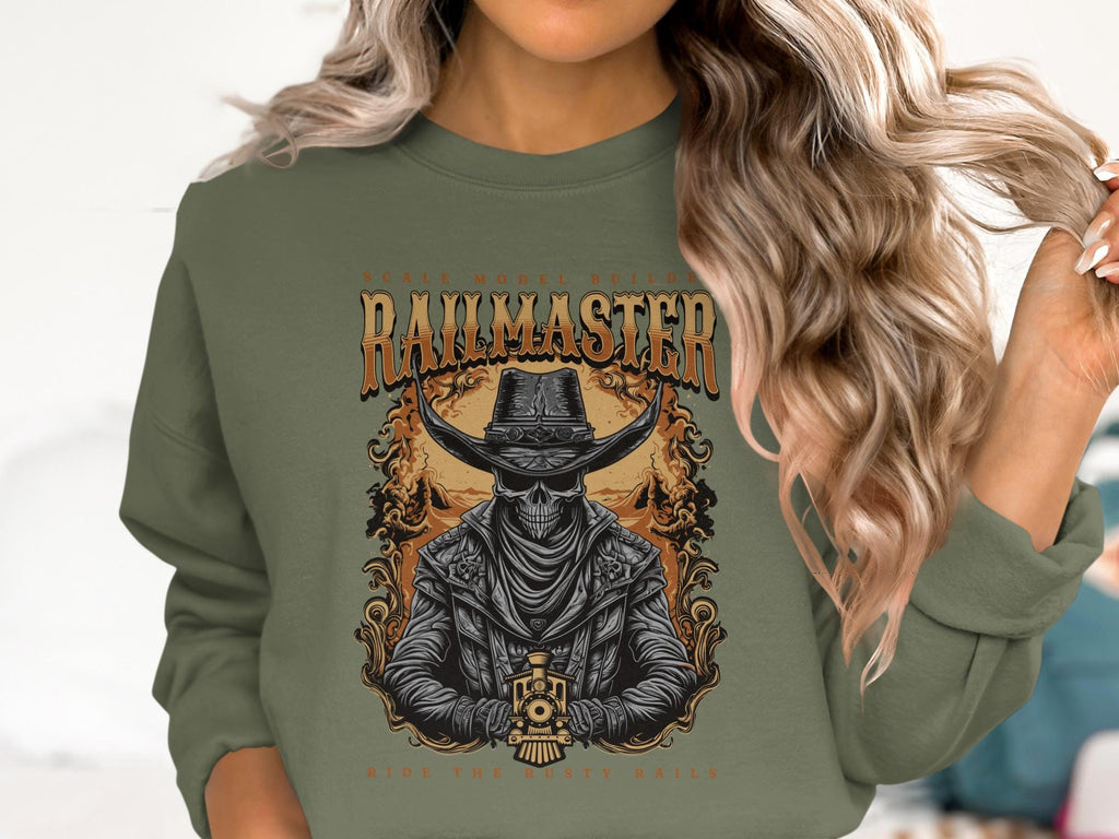 Railmaster T-Shirt, Skull Cowboy Train, Ride the Rusty Rails Tee, Scale Model Builder Shirt, Unique Train Lover Gift, Western Undead T-Shirt