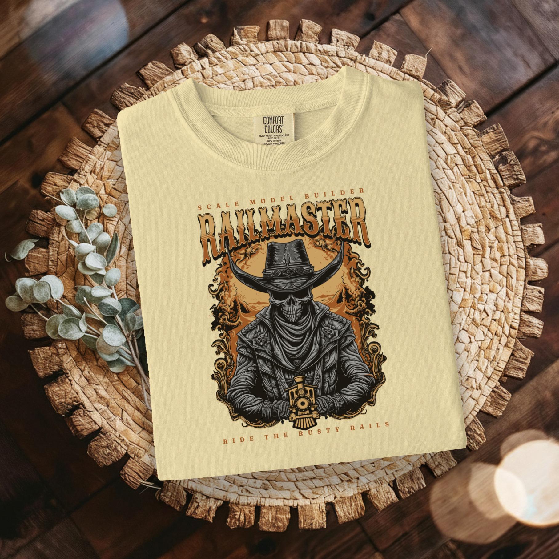 Railmaster T-Shirt, Skull Cowboy Train, Ride the Rusty Rails Tee, Scale Model Builder Shirt, Unique Train Lover Gift, Western Undead T-Shirt