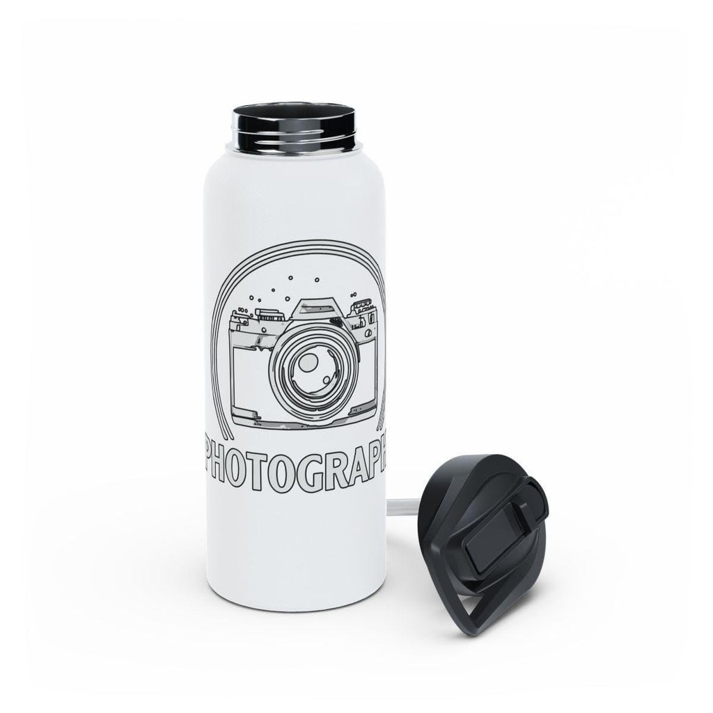Camera Photography Design White Water Bottle With Lid, Insulated Stainless Steel Travel Mug, Photographer Gift, Vacuum Flask