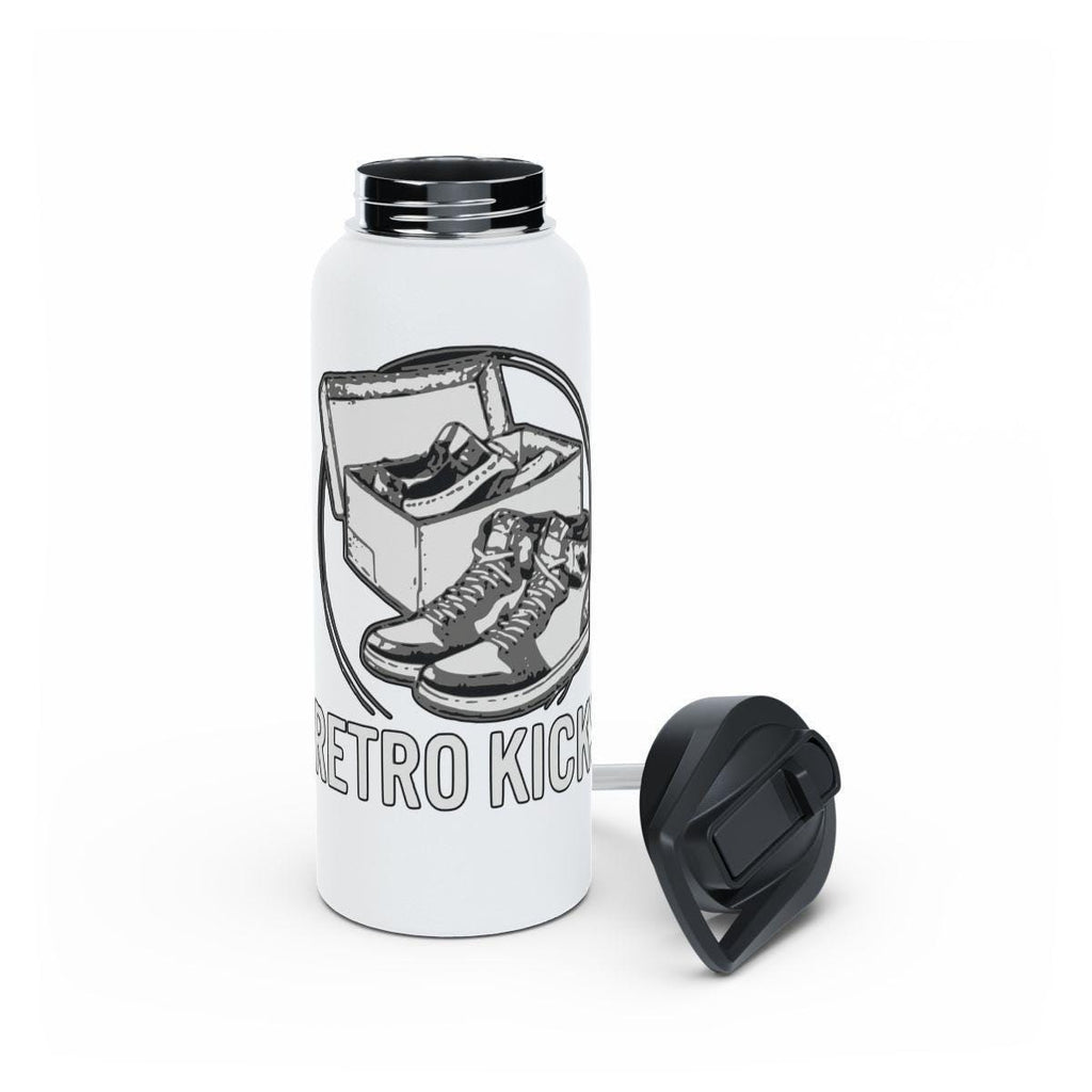 Retro Kicks Design Water Bottle, Sneakers Illustration Bottle, Sports Bottle with Shoe Graphic, Unique Drinkware for Athletes