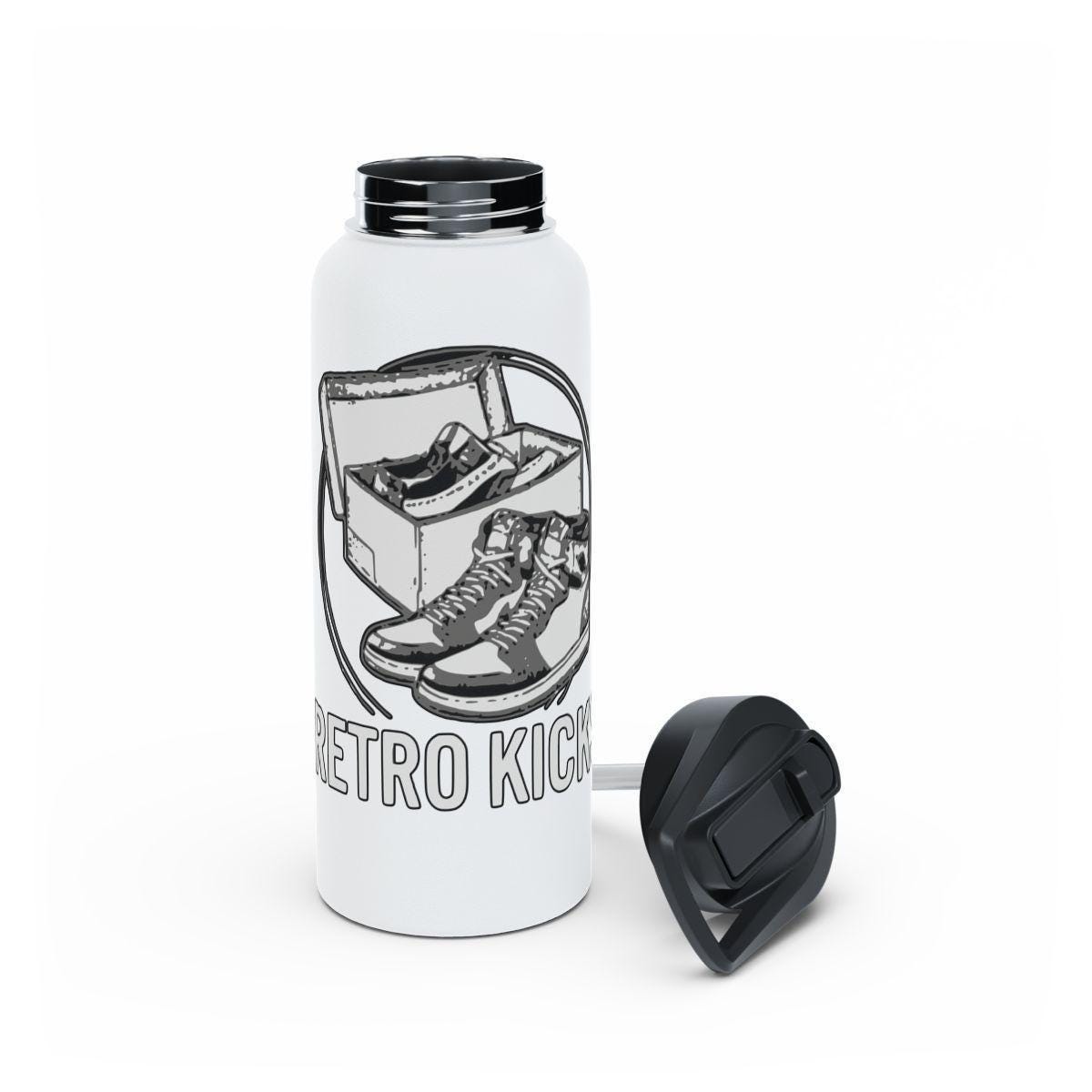 Retro Kicks Design Water Bottle, Sneakers Illustration Bottle, Sports Bottle with Shoe Graphic, Unique Drinkware for Athletes