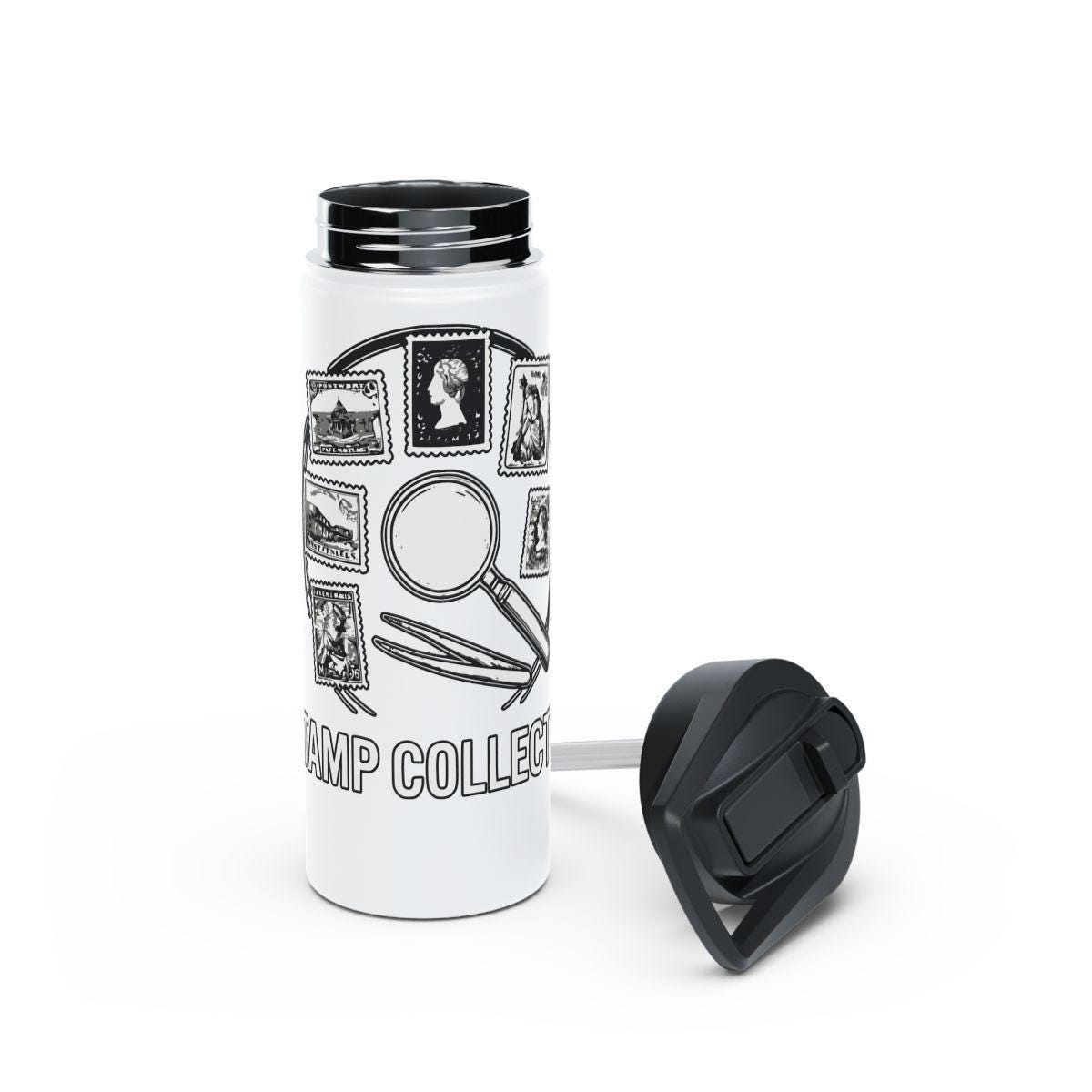 White Travel Tumbler with Vintage Stamp Design, Insulated Coffee Thermos, Portable Tea Flask, Unique Gift for Stamp Collectors