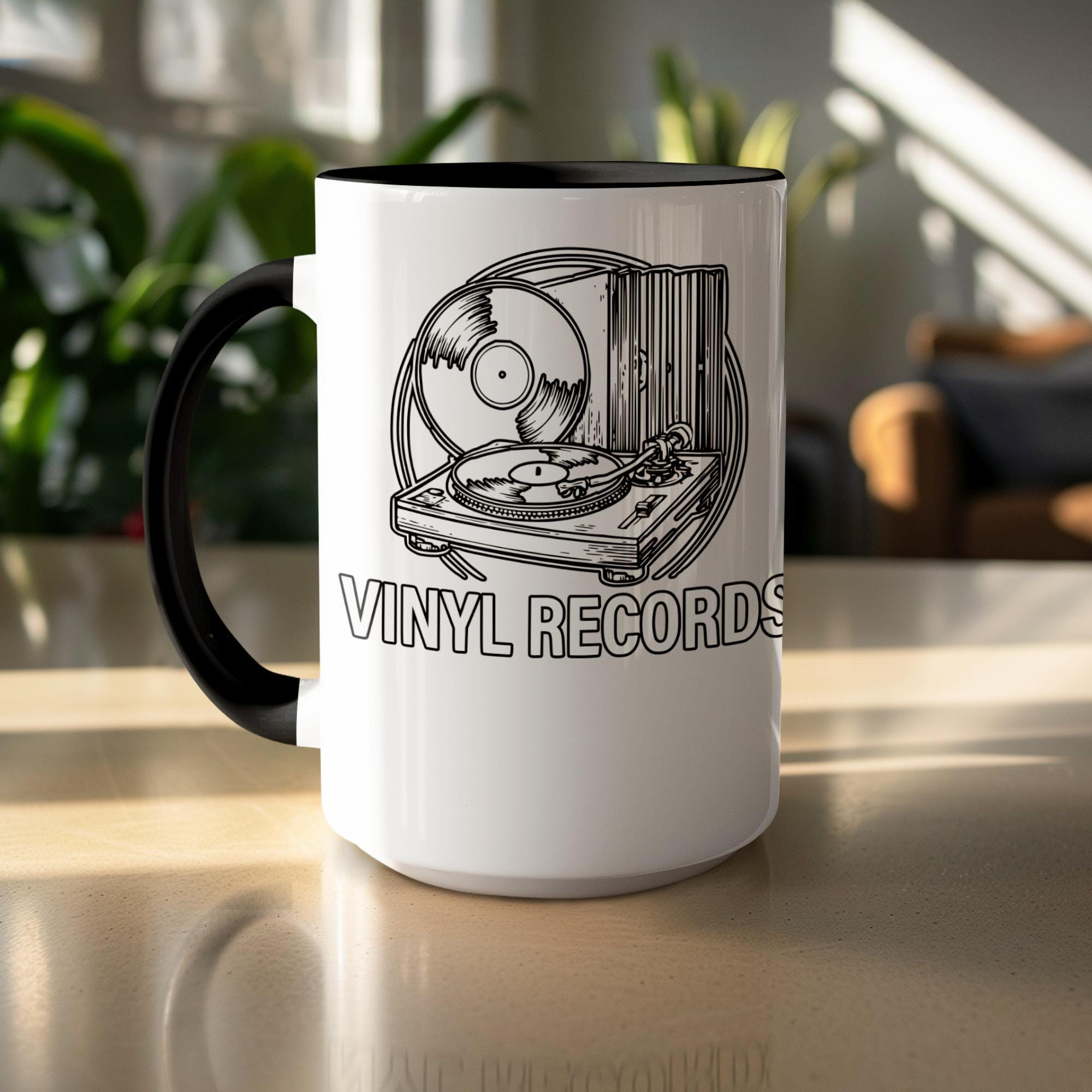 Vinyl Records Coffee Mug, Music Lover Gift, Vintage Record Player Mug, Retro Turntable Mug, Unique Music Enthusiast Mug