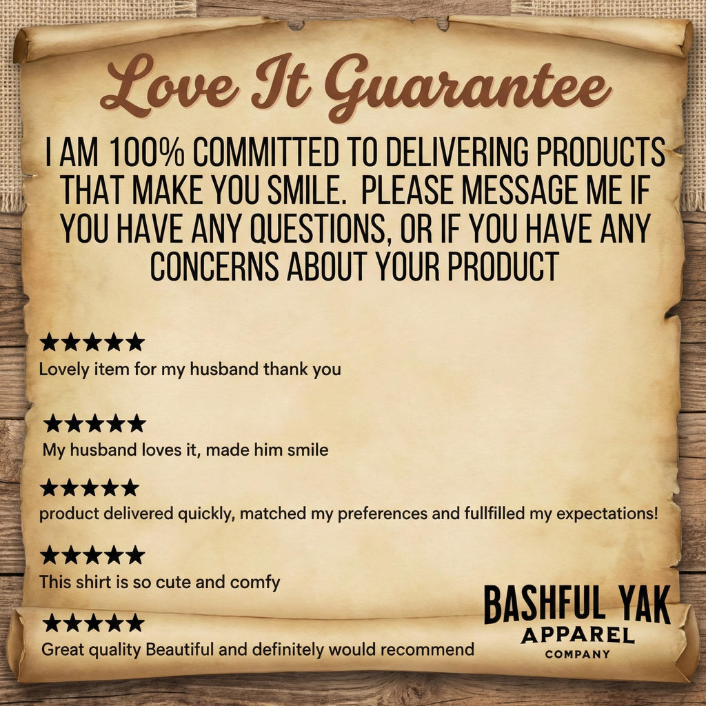 The image is a promotional poster for a company called Bashful Yak Apparel. It features a scroll-like design with text and star ratings, and it appears to be a product review or testimonial from a customer.