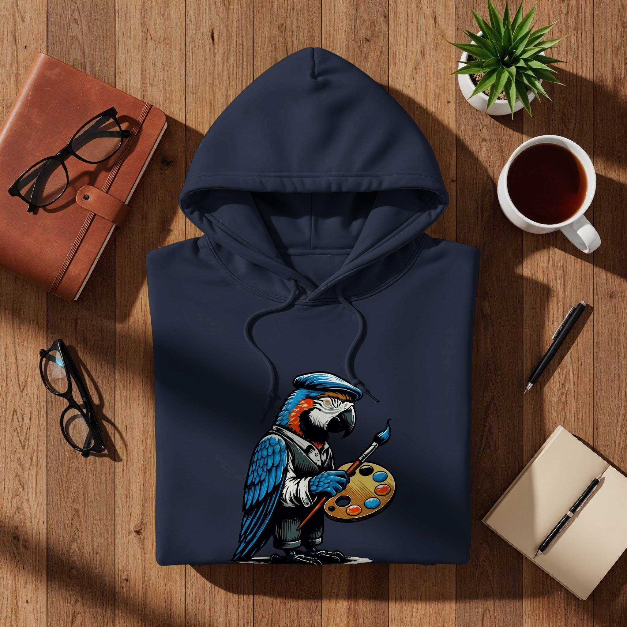 Parrot Artist Hoodie, Unique Graphic Pullover, Bird Lover Gift, Funny Sweatshirt for Art Enthusiasts, Cool Casual Hoodie