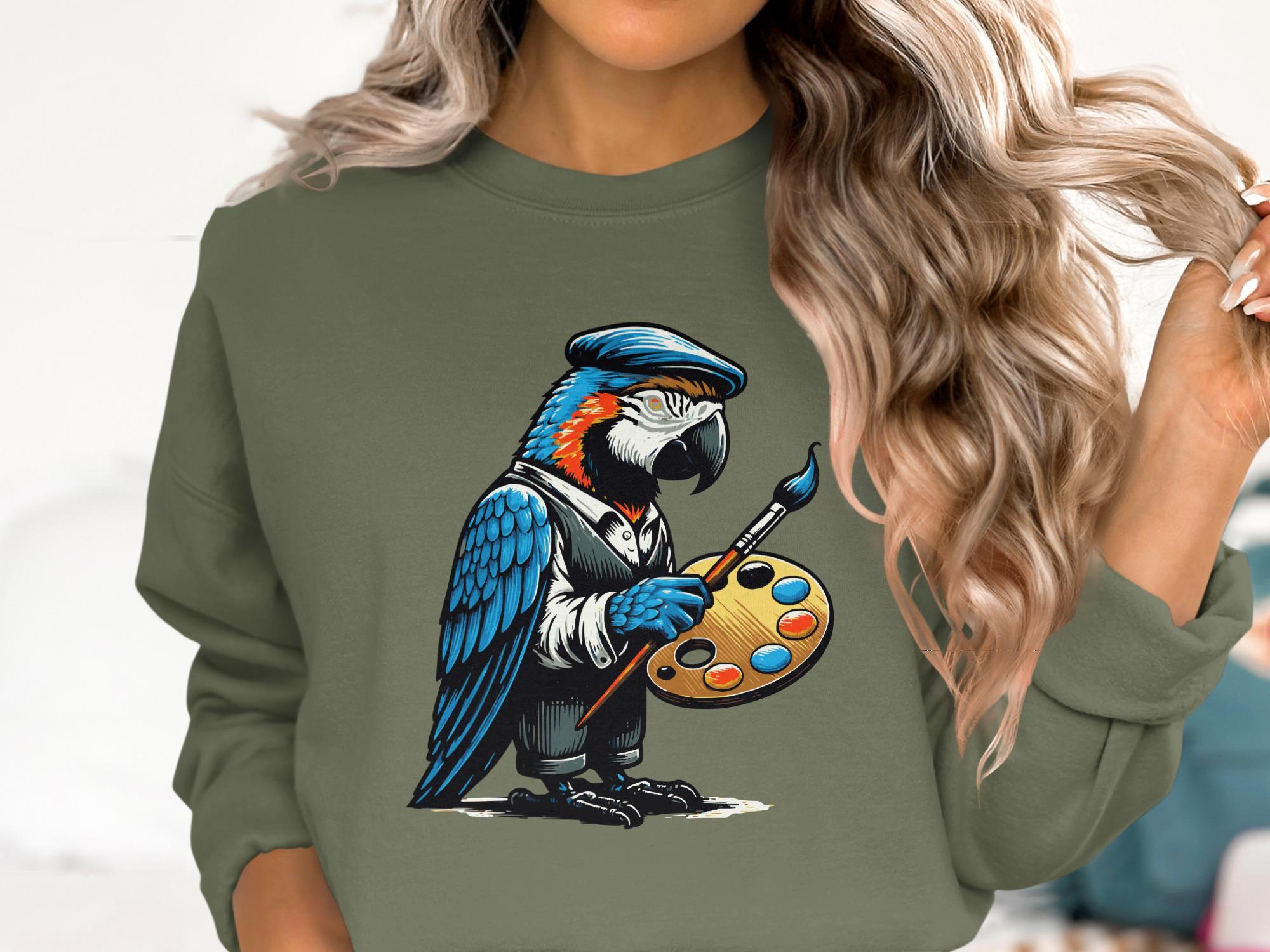 Funny Parrot Artist Sweatshirt, Parrot Painter Graphic Shirt, Colorful Bird Art Clothing, Cute Animal Sweater, Creative Gift Idea