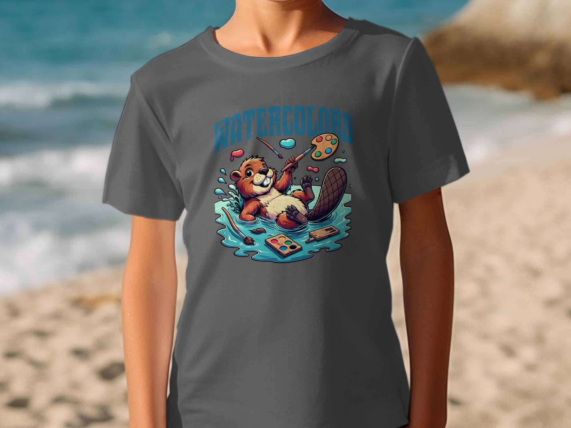 Cute Beaver Watercolors Graphic T-Shirt, Fun Animal Art Tee, Unique Artistic Design Shirt, Casual Beach Wear, Gift for Art Lovers