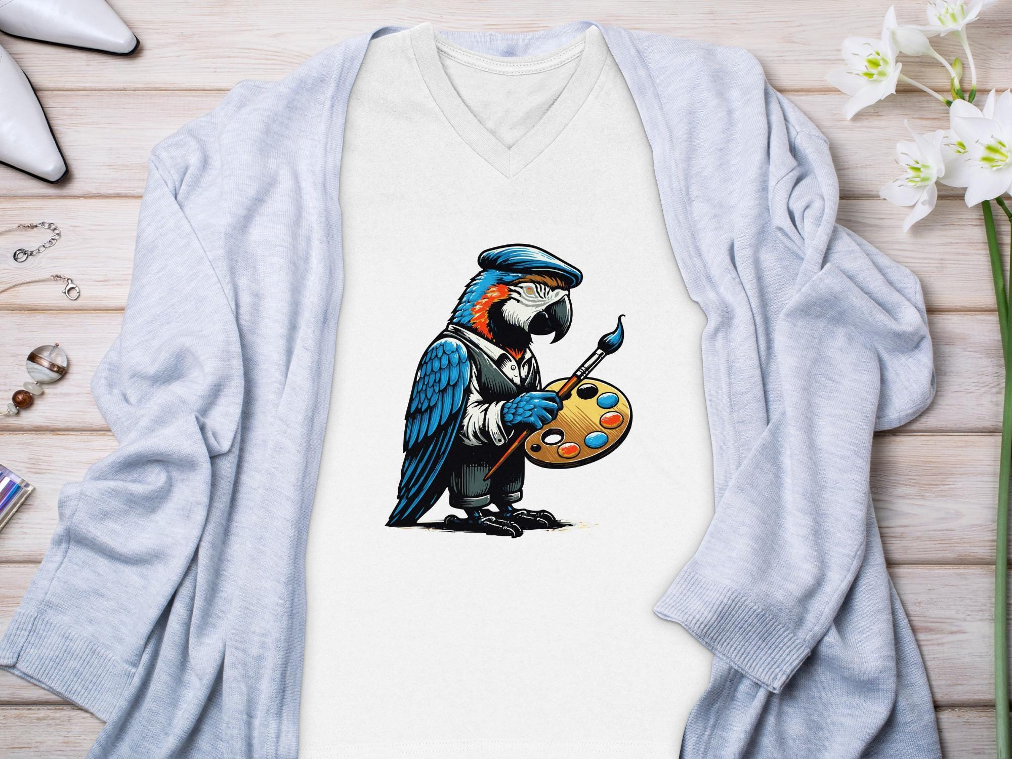 Artist Parrot Graphic T-Shirt, Funny Bird Shirt, Painter Parrot Tee, Colorful Animal Art Shirt, Creative Parrot Design Top