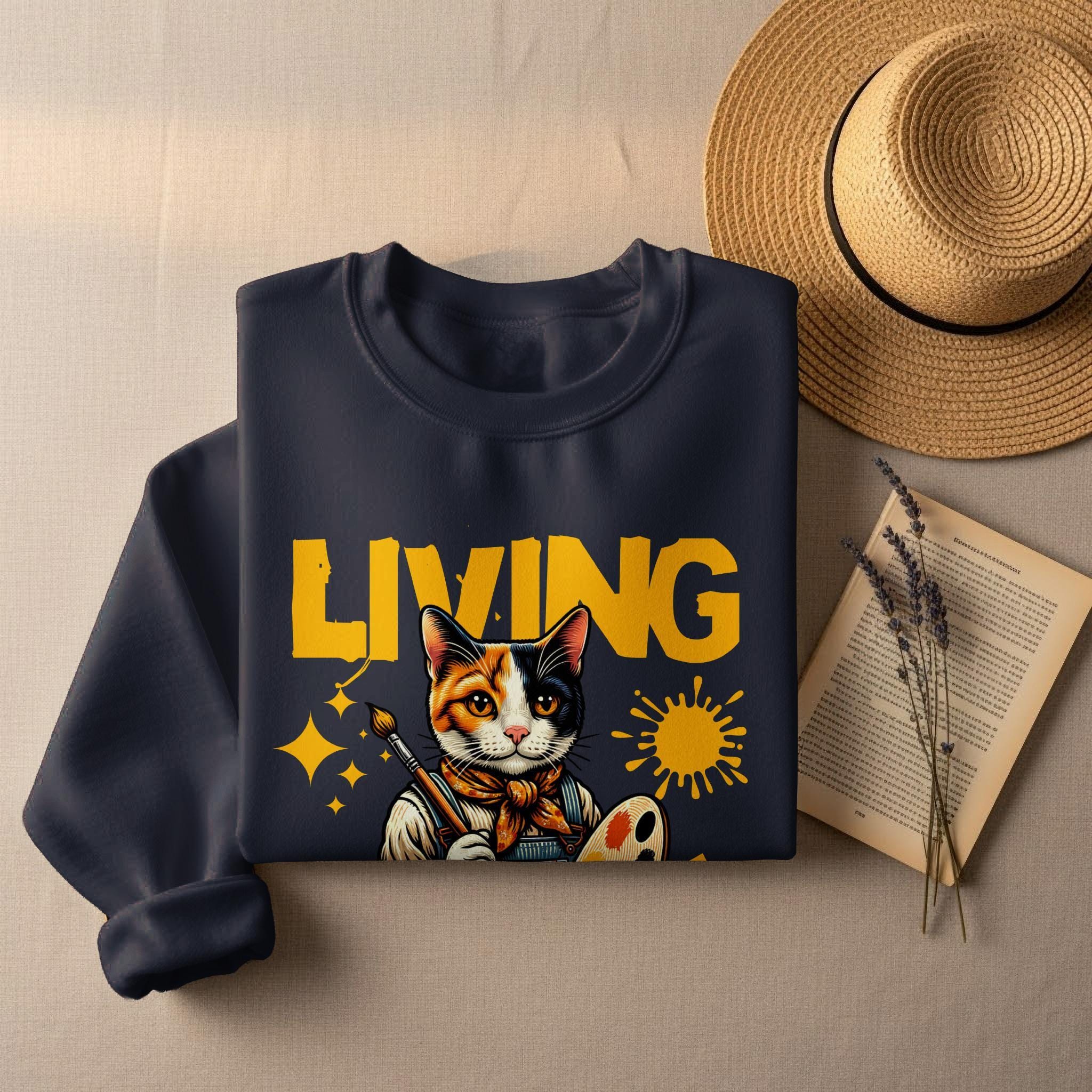 Cute Cat Artist Sweatshirt, Living Graphic Pullover, Artistic Cat Sweater, Cozy Cat Lover Jumper, Feline Art Top Gift